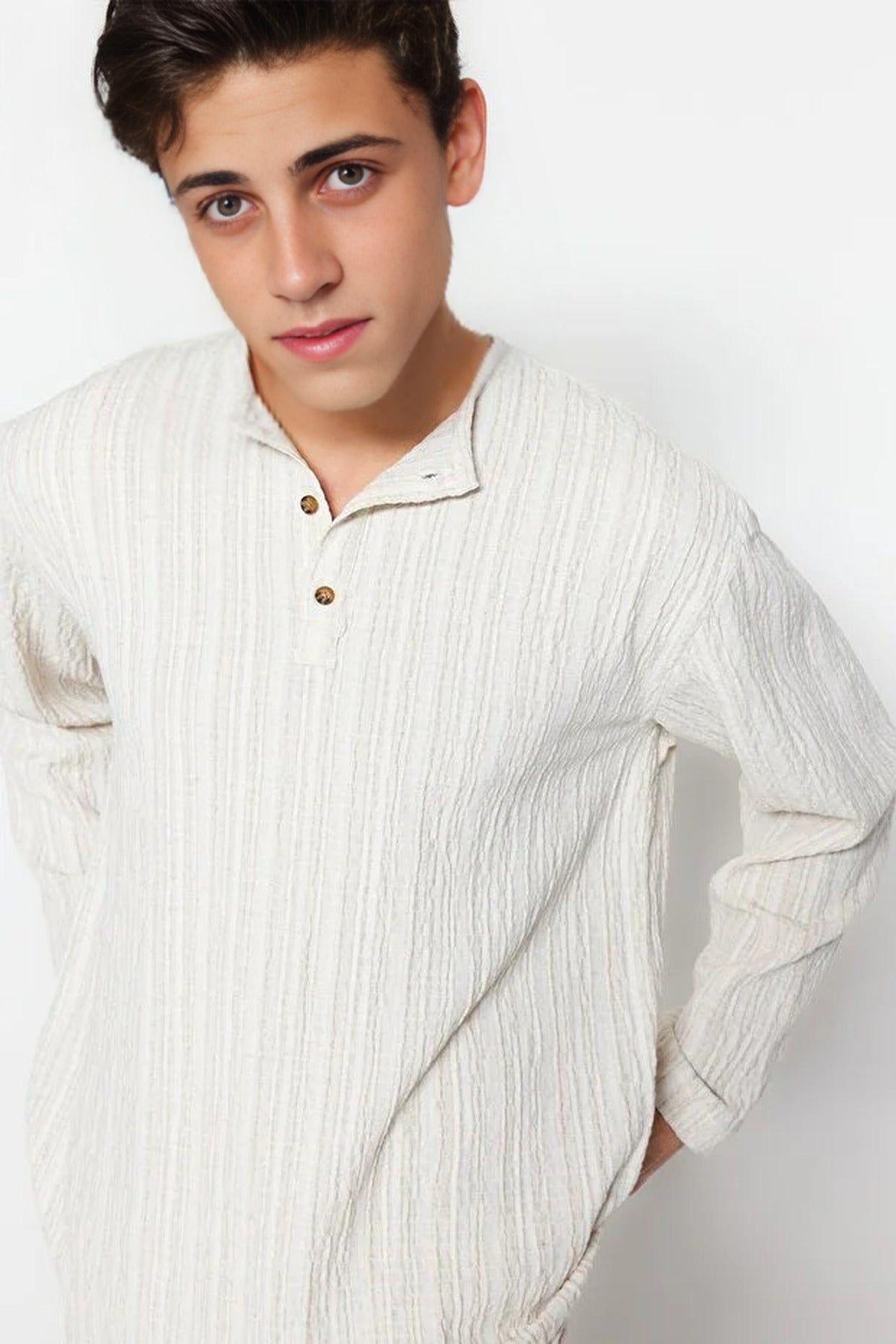 Men’s Relaxed Fit Textured Linen Blend Henley Shirt by WOVCOR