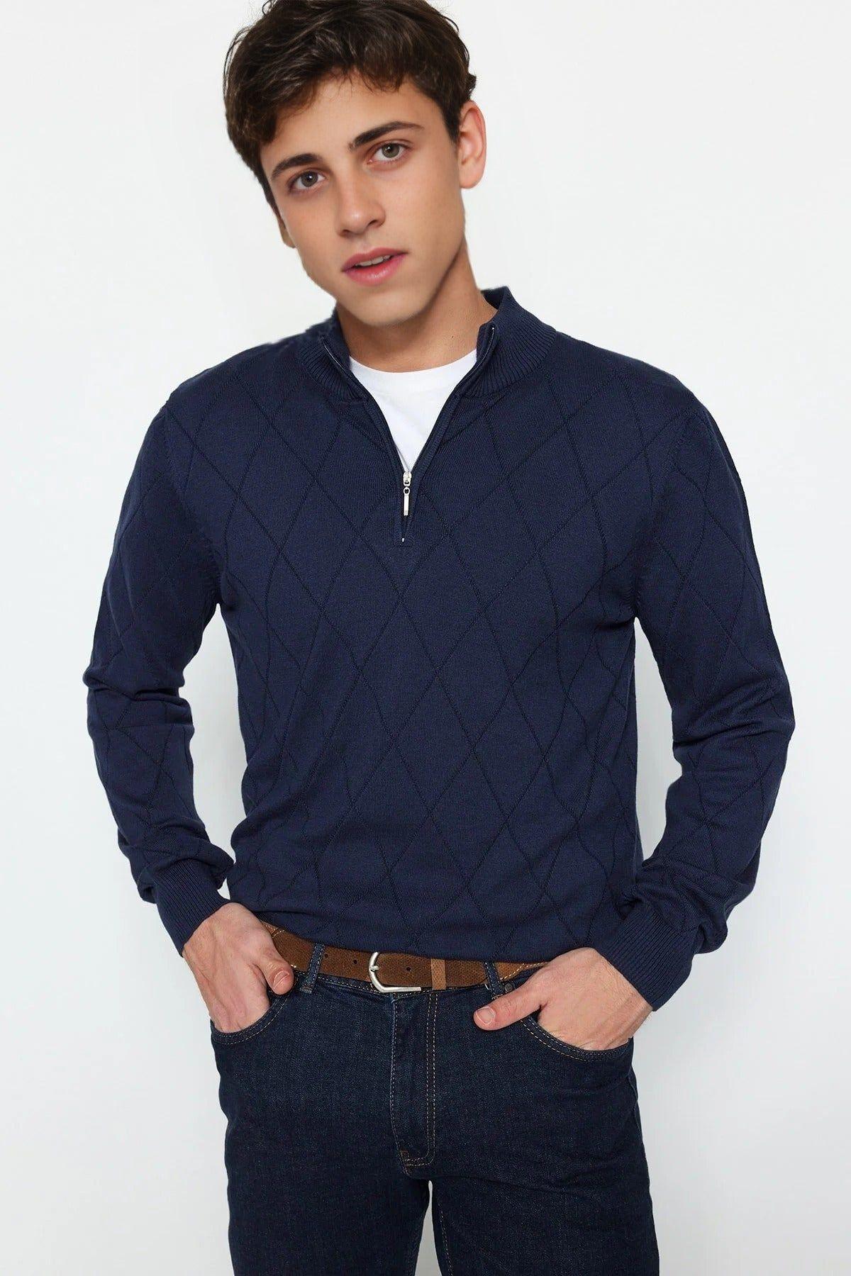 Men’s Slim Fit Half Zip Funnel Neck Knit Sweater by WOVCOR