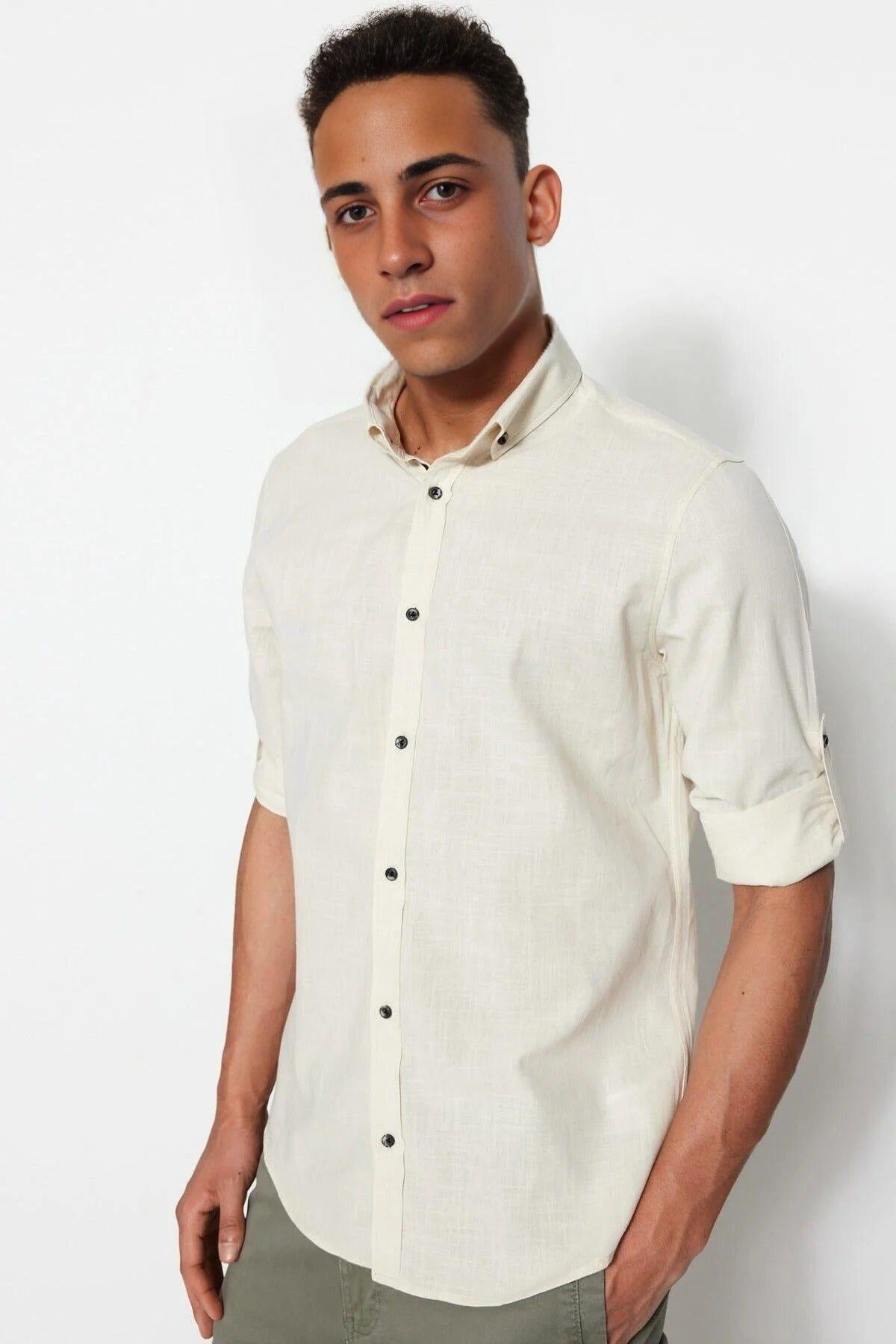 Men’s Slim Fit Linen-Look Cotton Roll Sleeve Shirt by WOVCOR