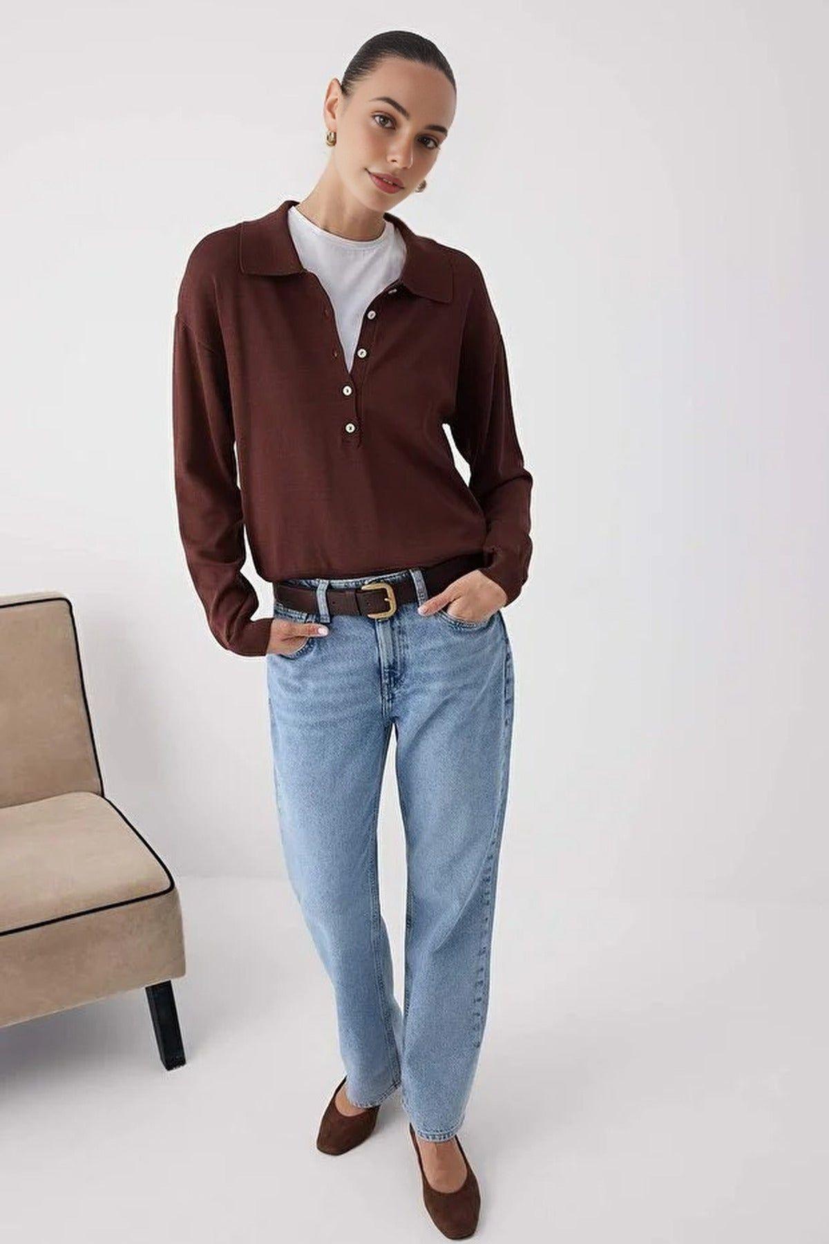 Mercerized Look Polo Collar Button Detail Knit Sweater by WOVCOR