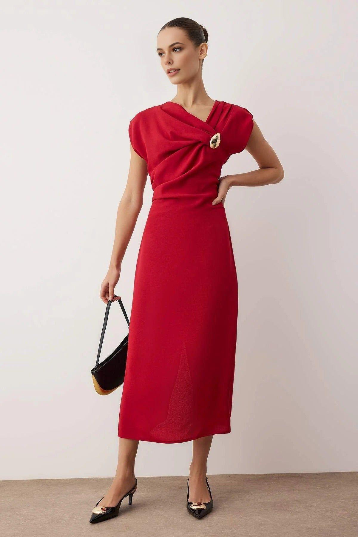 Midi Woven Dress with Statement Accessory Detail by WOVCOR