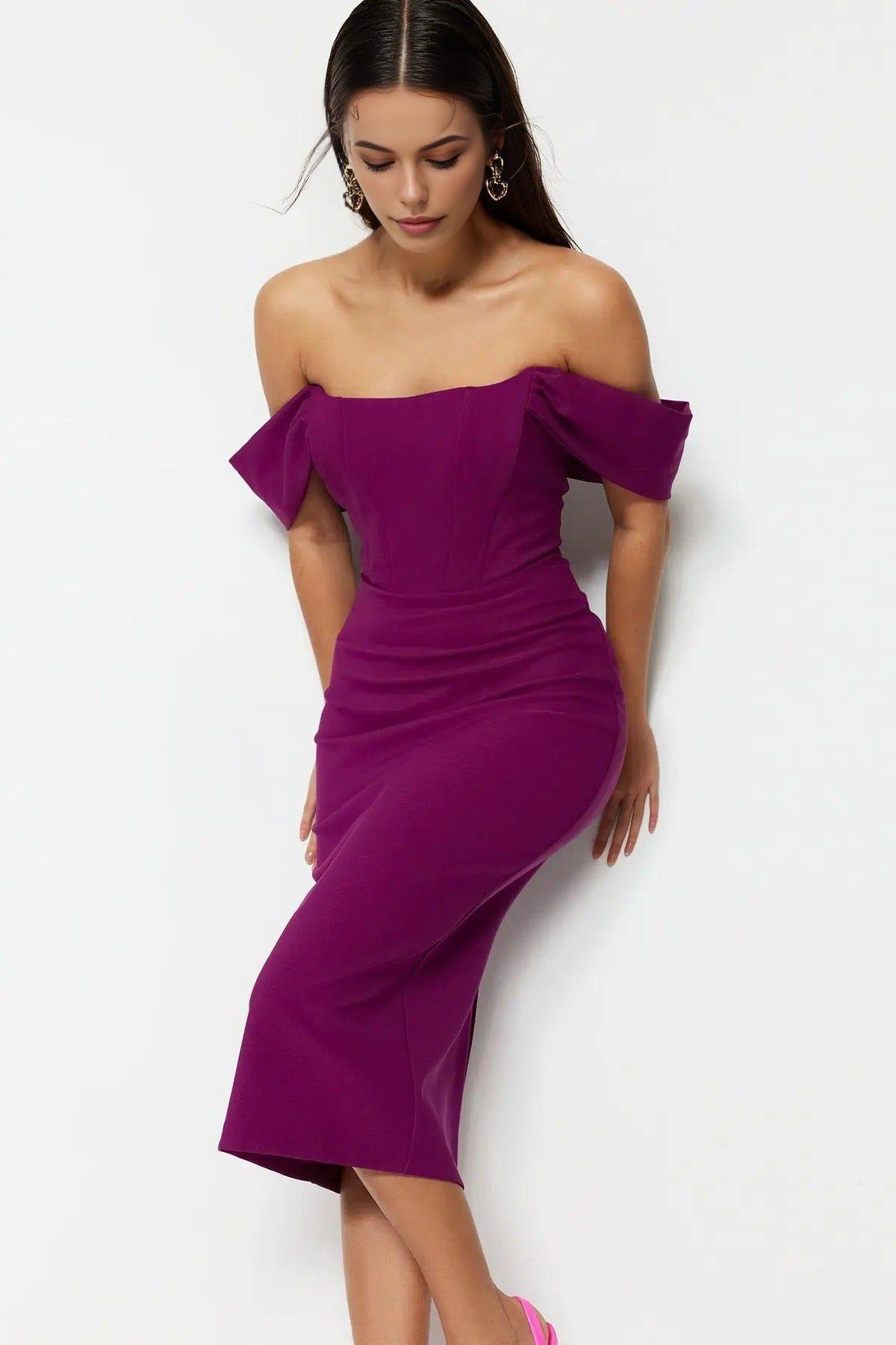 Off Shoulder Bardot Midi Dress with Contour Fit by WOVCOR