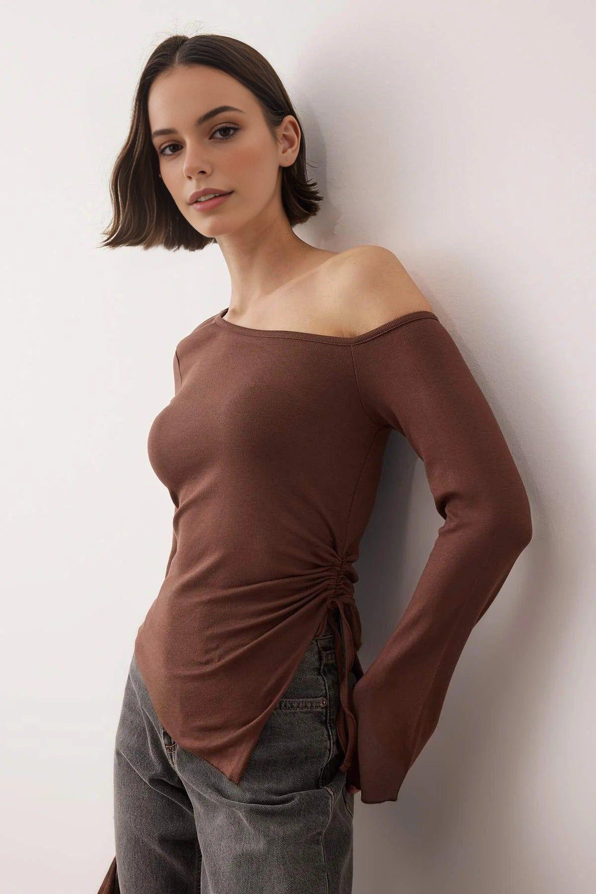 Off-Shoulder Ruched Side Tie Top by WOVCOR