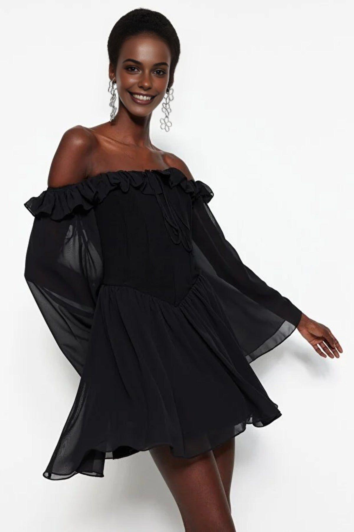 Off Shoulder Ruffle Chiffon Mini Dress by WOVCOR