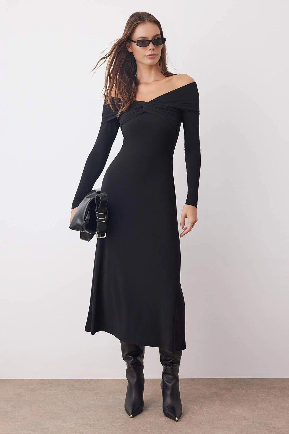 Off the Shoulder Long Sleeve A-Line Stretch Knit Midi Dress by WOVCOR