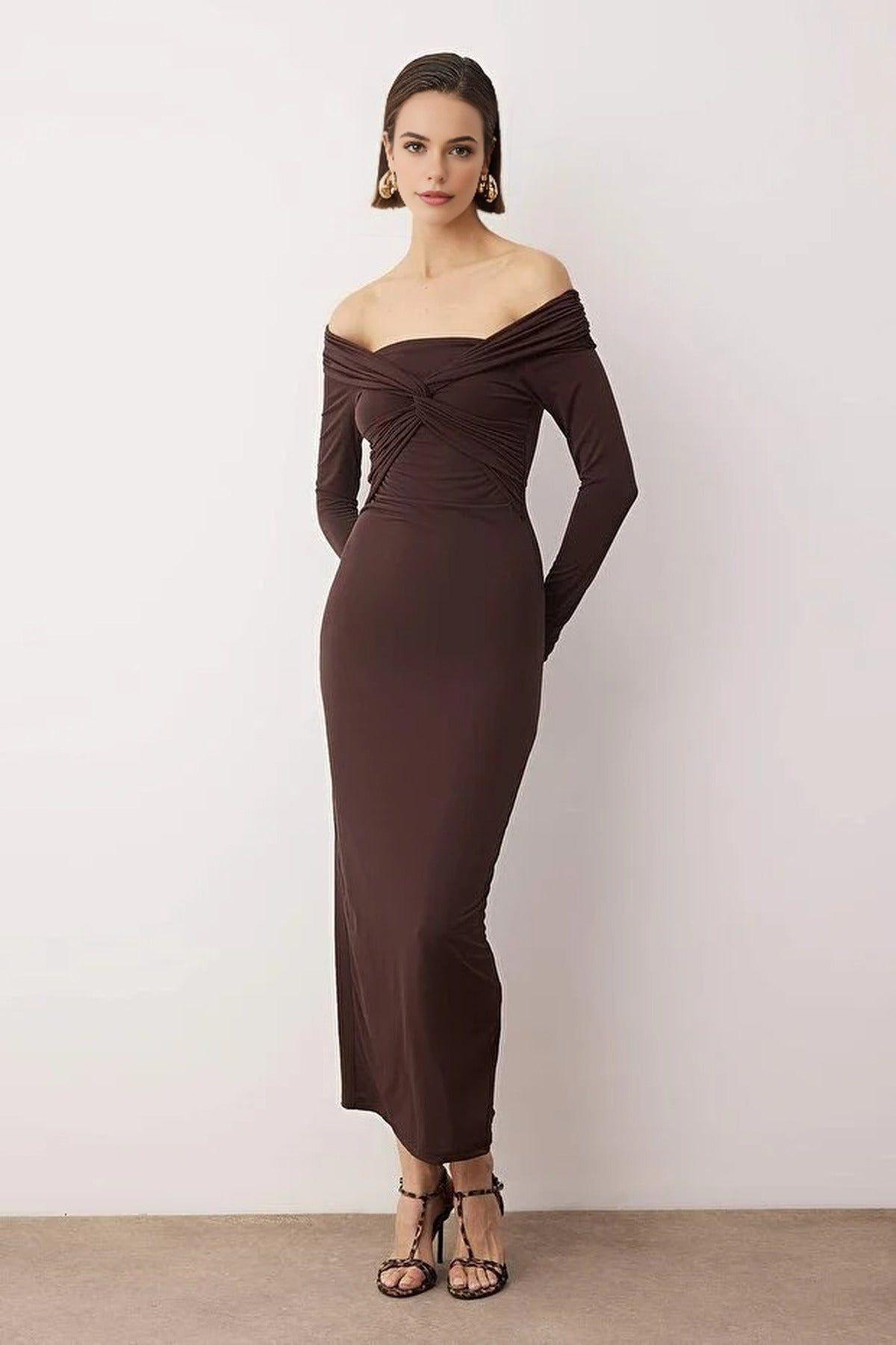 Off the Shoulder Long Sleeve Knitted Midi Evening Dress by WOVCOR