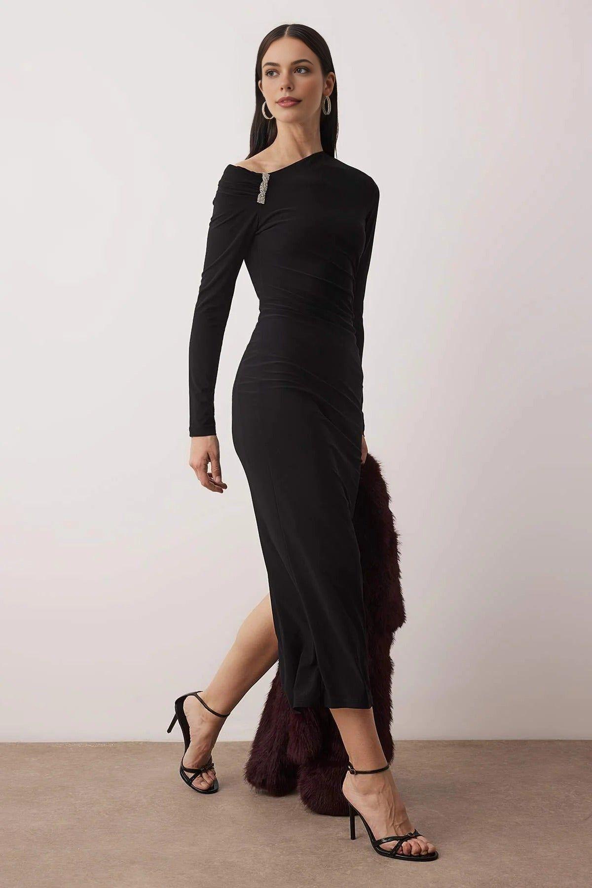 One Shoulder Accessory Detail Lined Knit Maxi Dress by WOVCOR