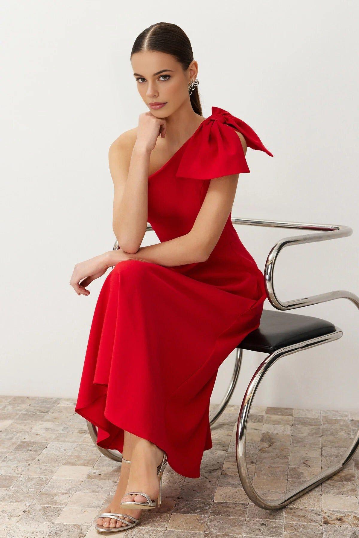 One Shoulder Bow Detail Midi Dress by WOVCOR