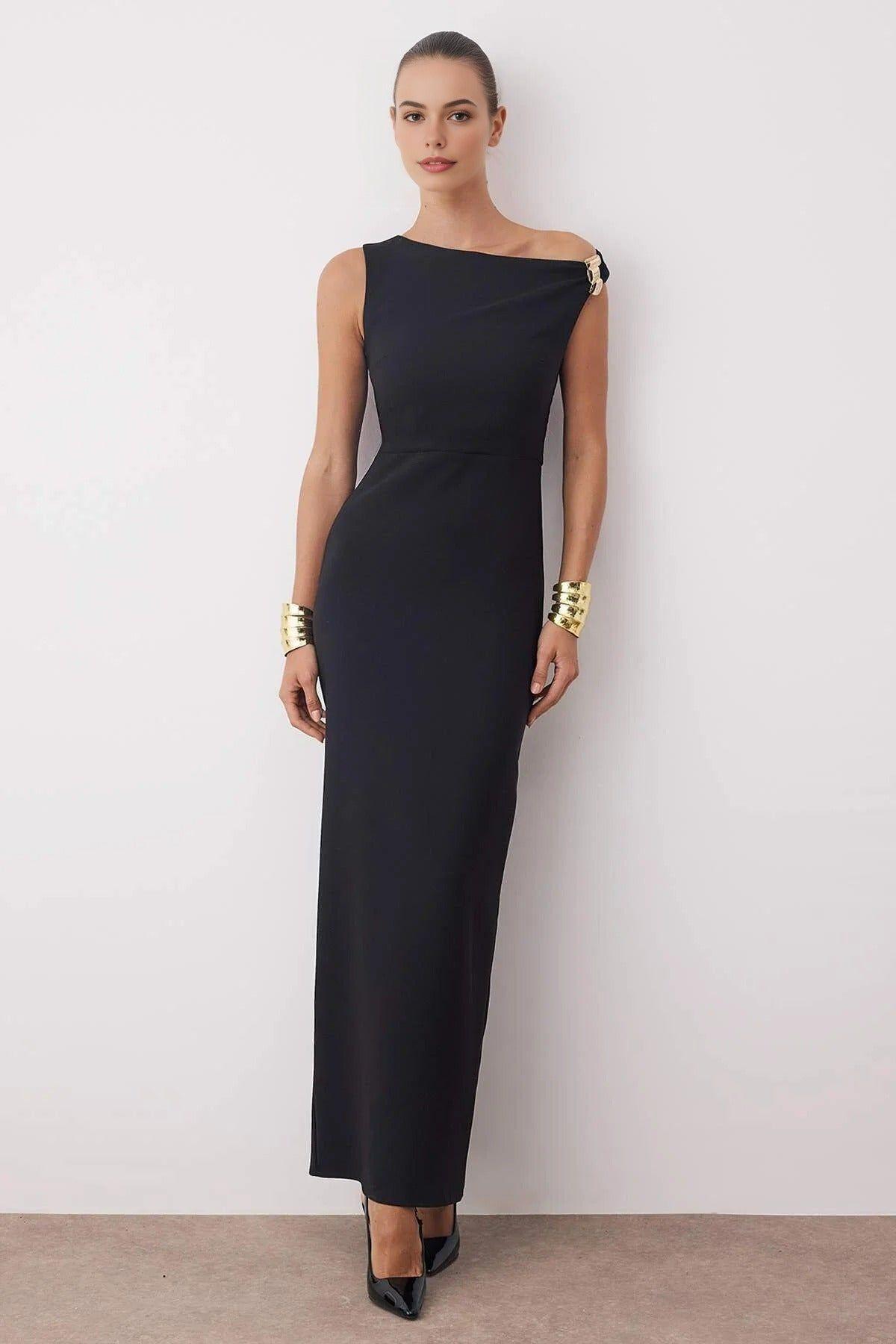 One Shoulder Buckle Detail Split Maxi Dress by WOVCOR