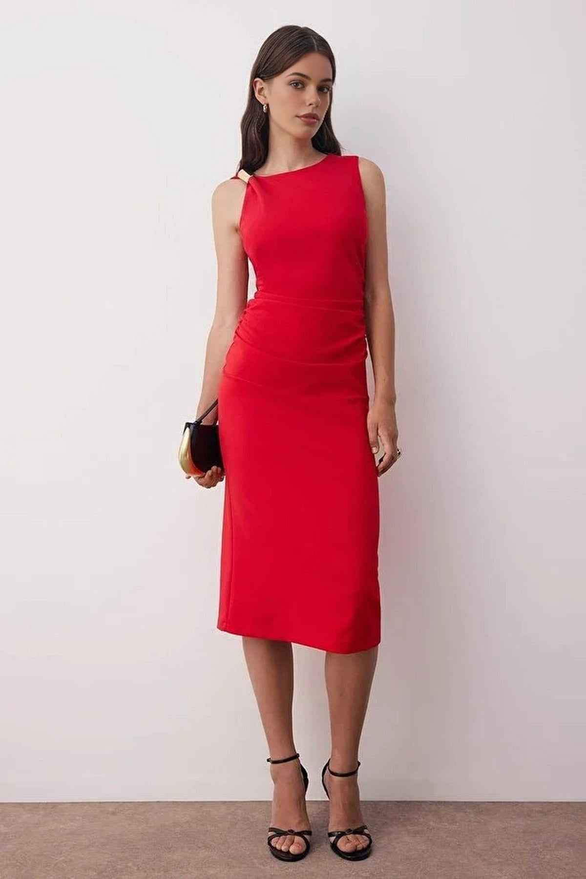 One-Shoulder Metal Ring Midi Bodycon Dress by WOVCOR