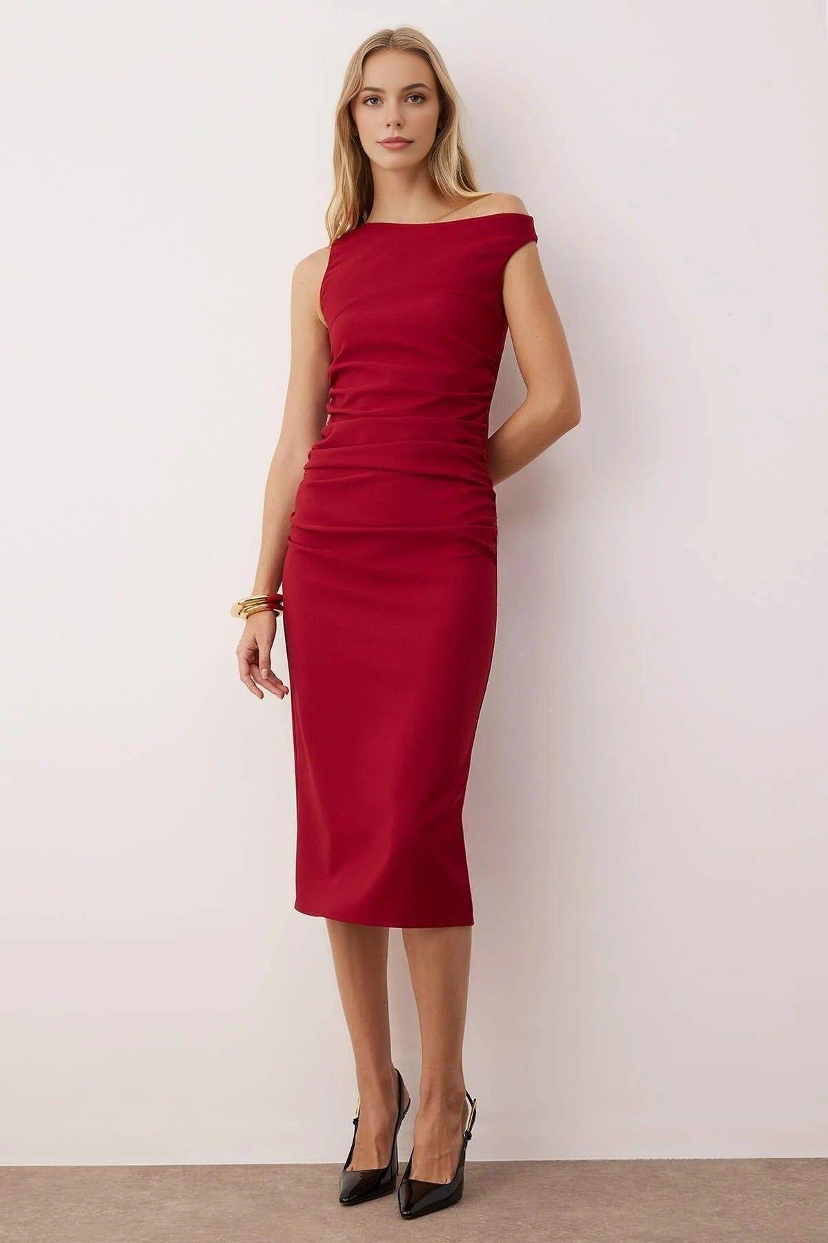 One-Shoulder Ruched Midi Dress With Side Drape by WOVCOR