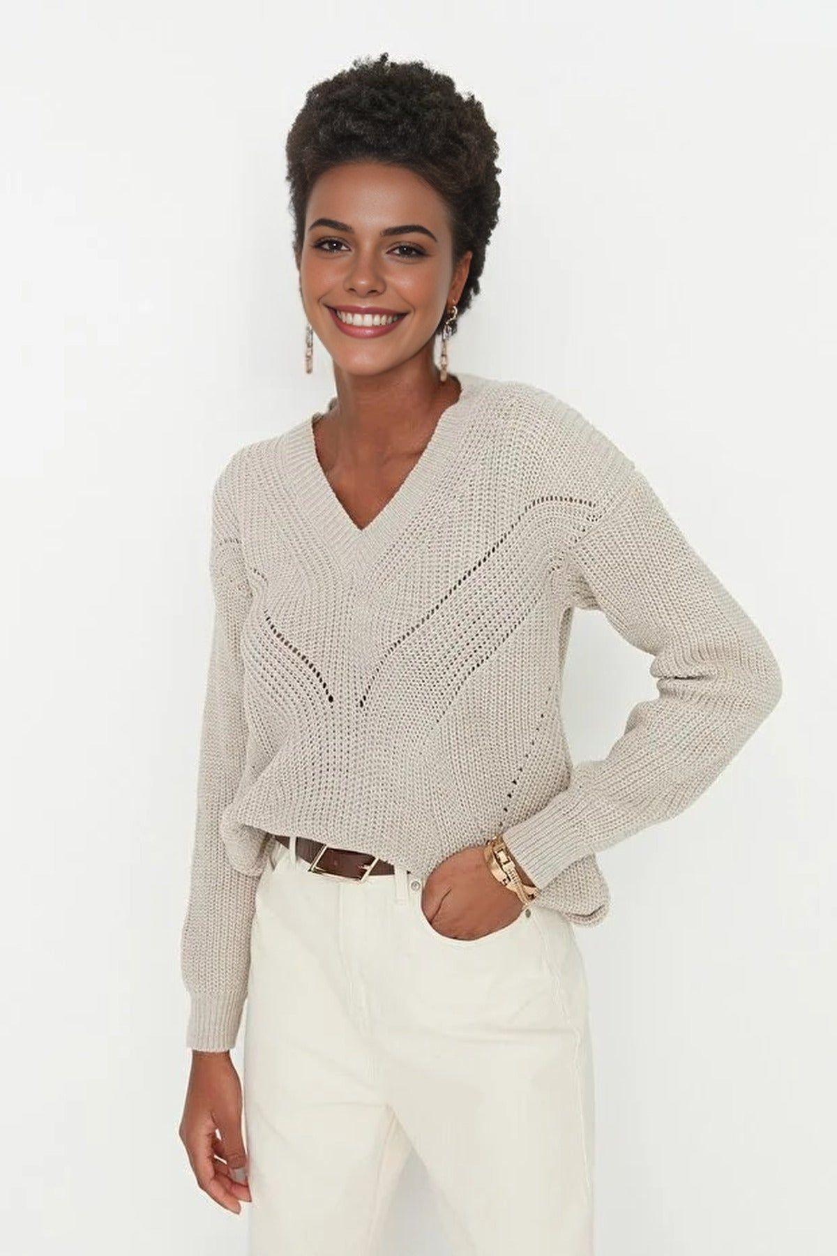 Openwork V Neck Long Sleeve Knit Jumper by WOVCOR