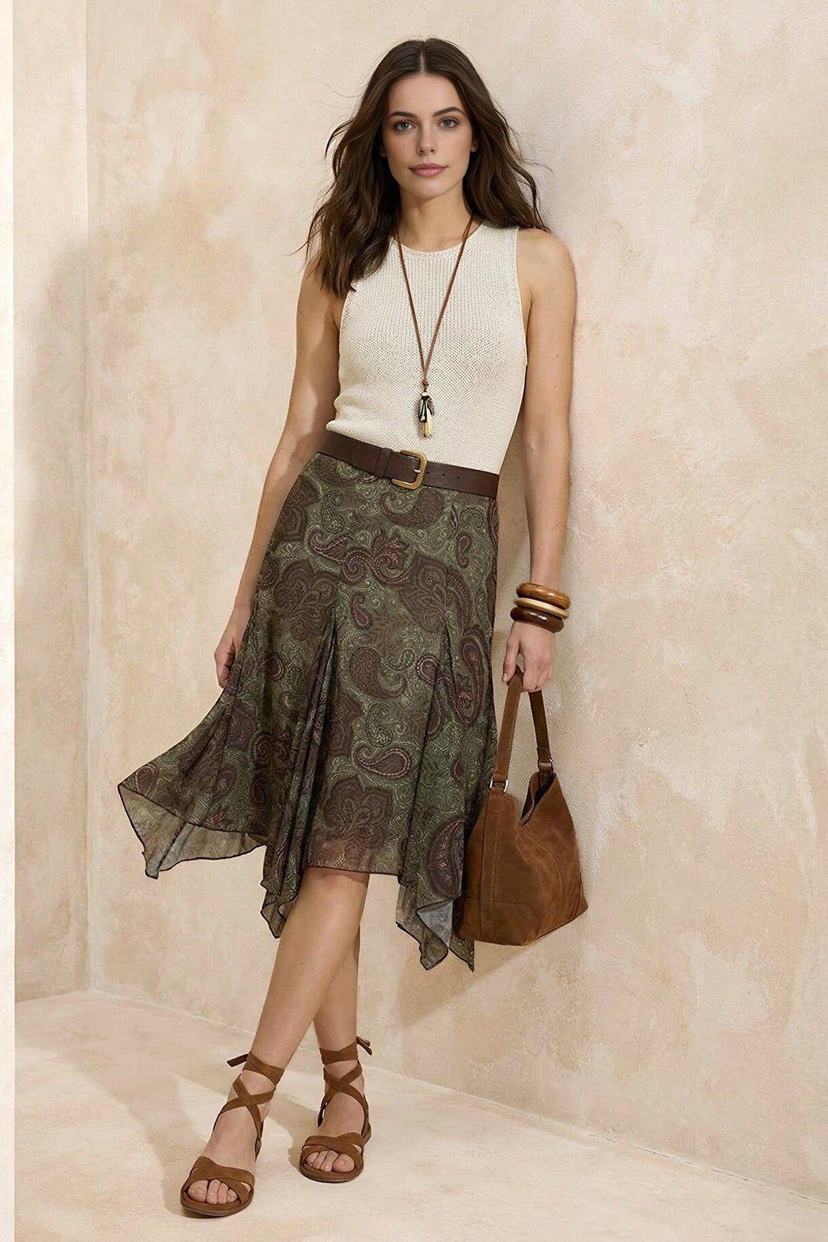 Paisley Print A-Line Ruffled Regular Waist Midi Skirt by WOVCOR