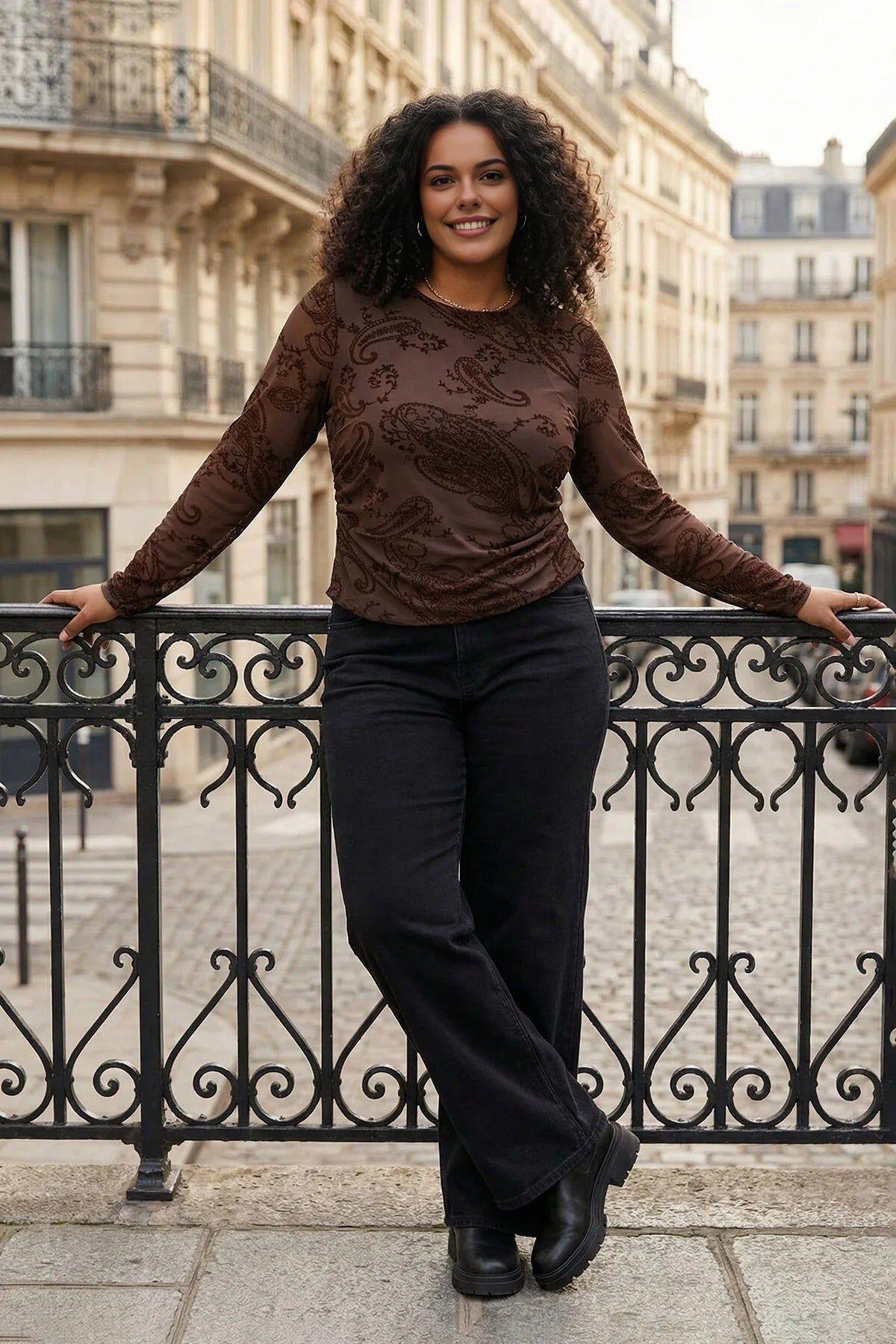 Paisley Print Mesh Long Sleeve Fitted Top by WOVCOR