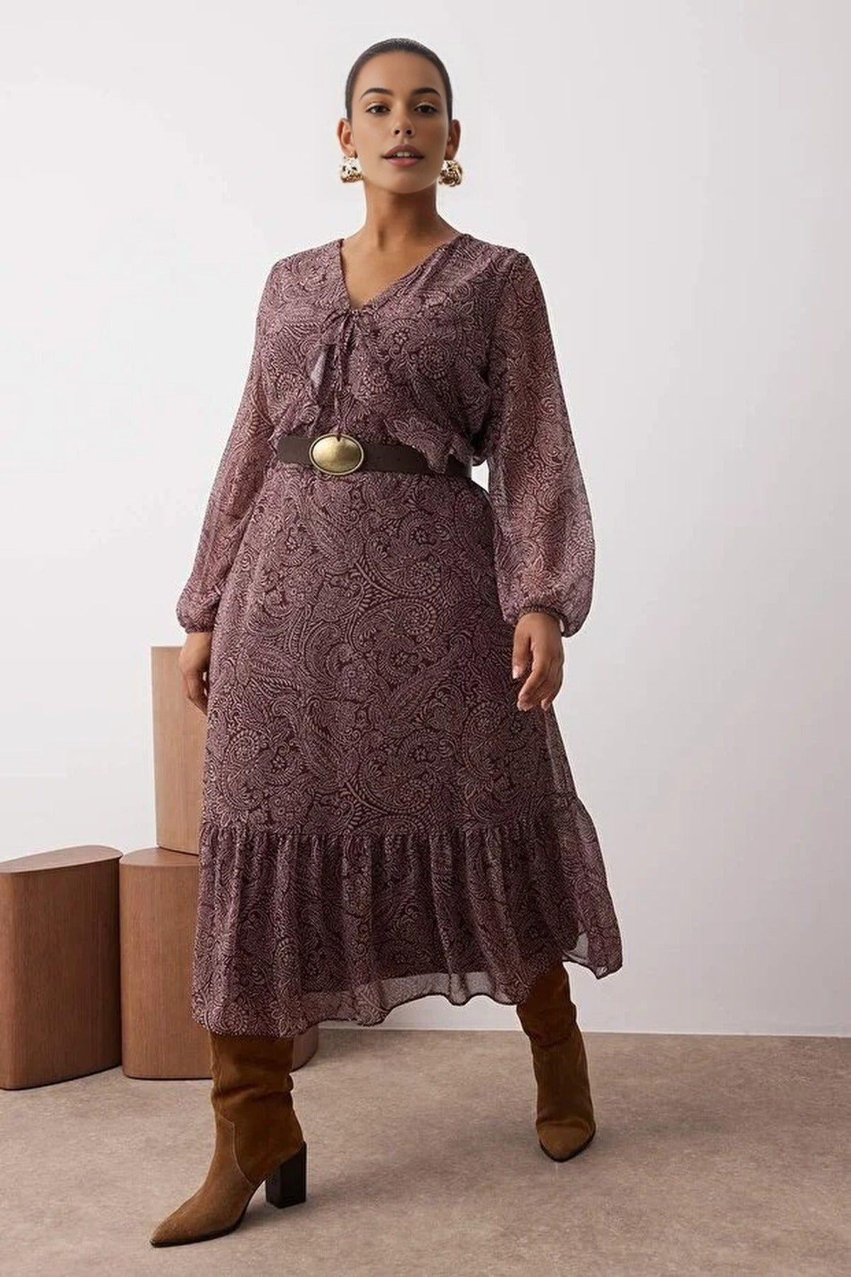 Paisley Print Tie Neck Long Sleeve Midi Dress by WOVCOR