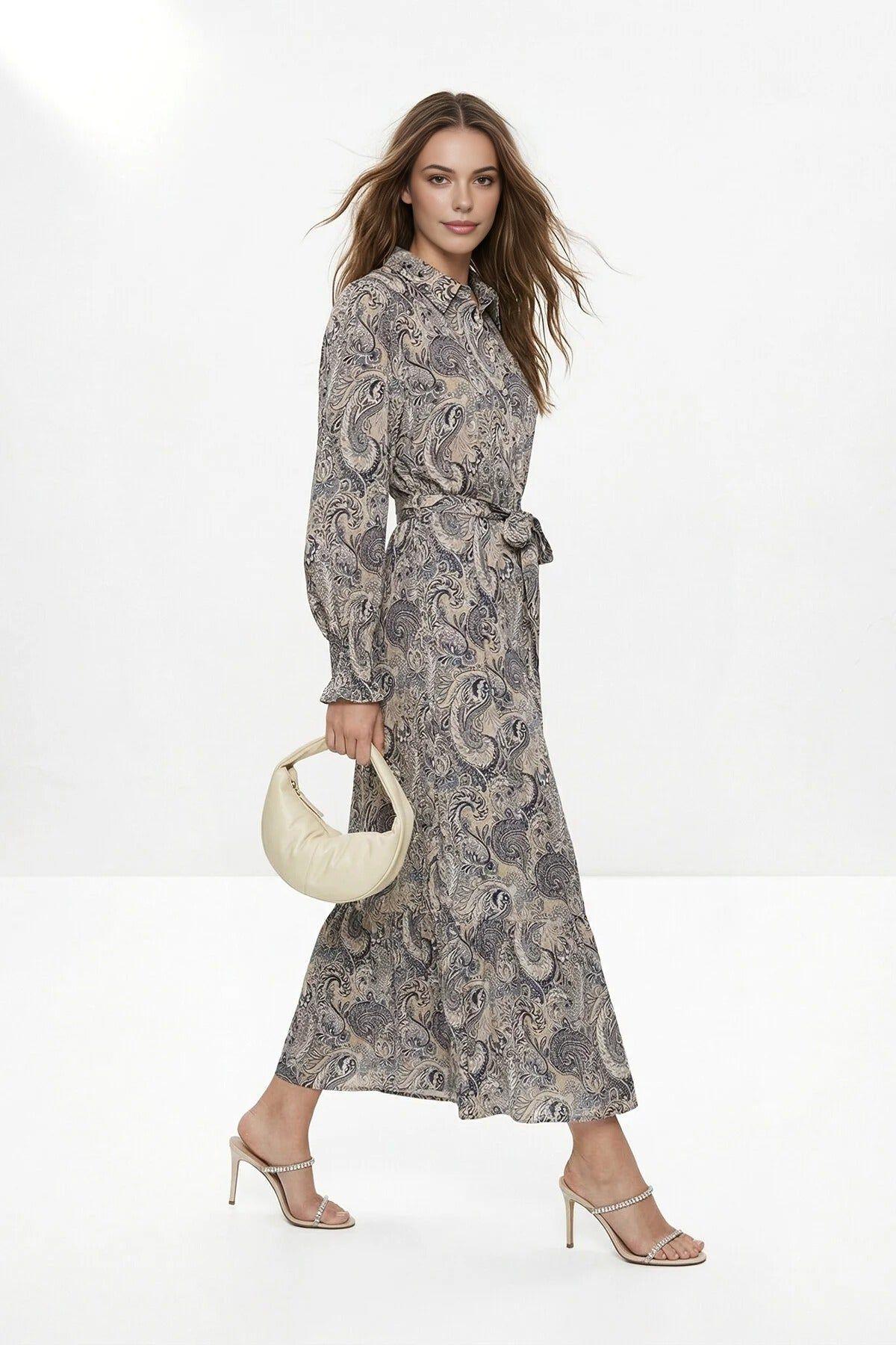 Patterned Belted Long Sleeve Maxi Shirt Dress with Tiered Hem Detail by WOVCOR