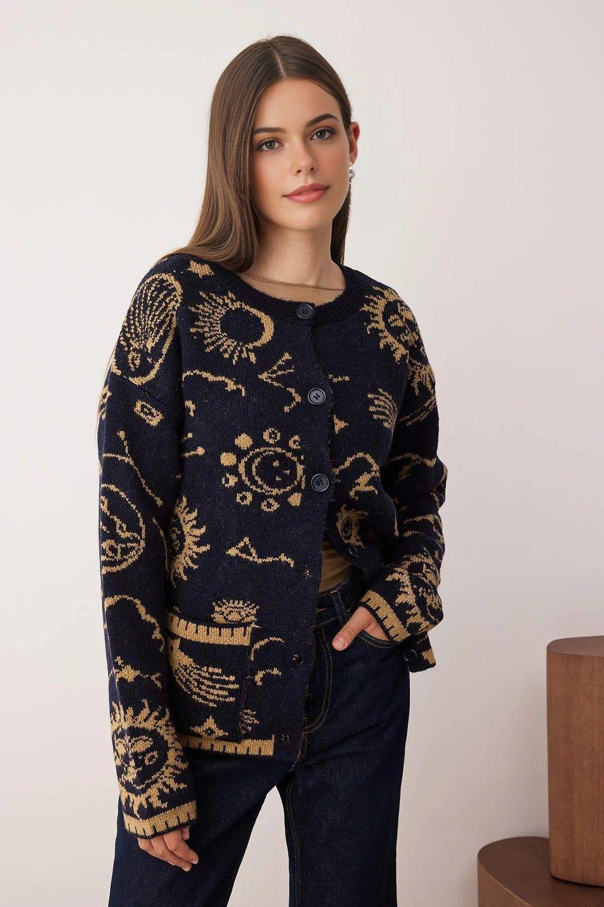 Patterned Button Front Round-Neck Knit Cardigan by WOVCOR