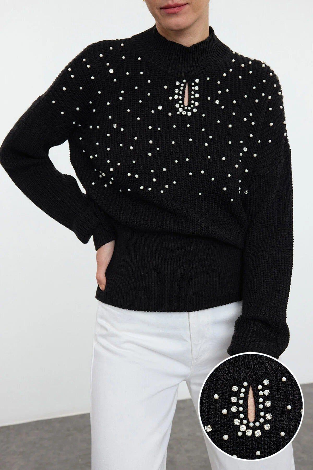 Pearl Embellished High Neck Knitted Sweater by WOVCOR