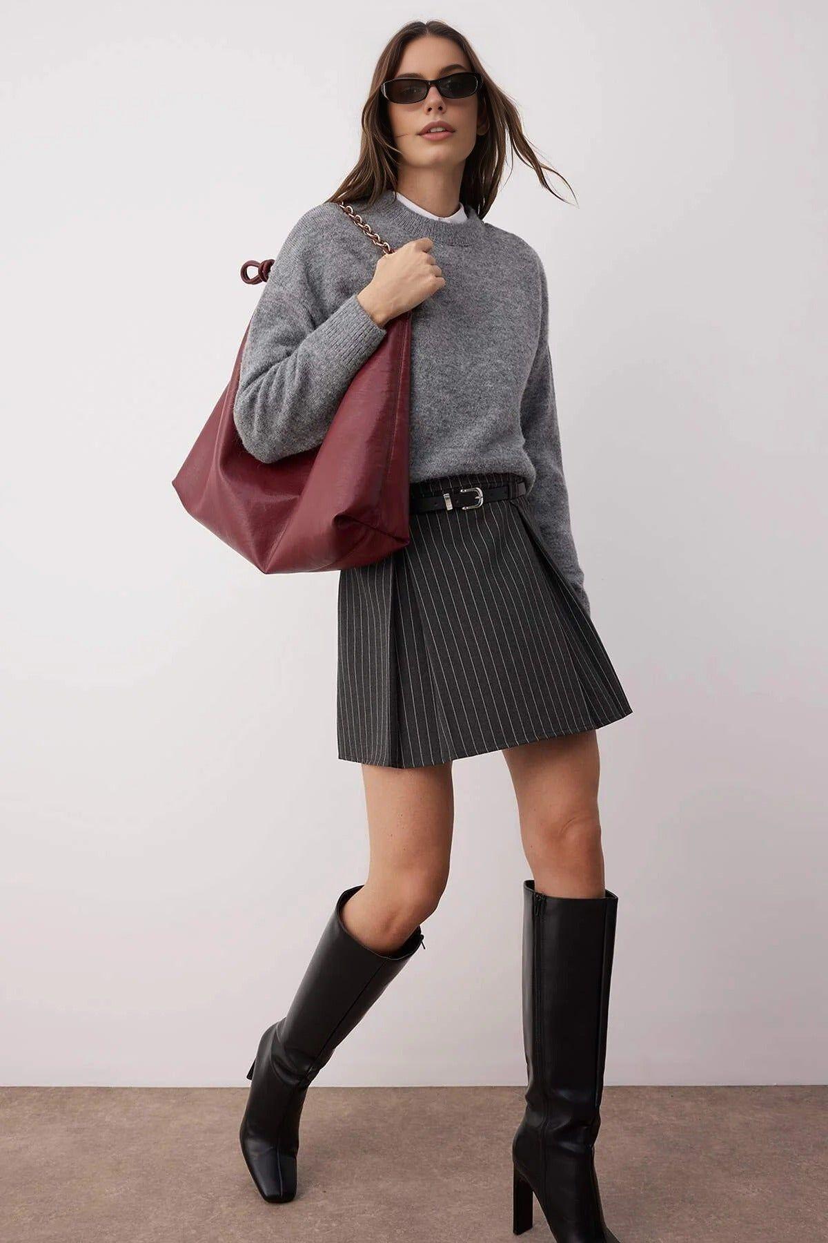 Pinstripe A-Line Woven Mini Skirt with Belt by WOVCOR