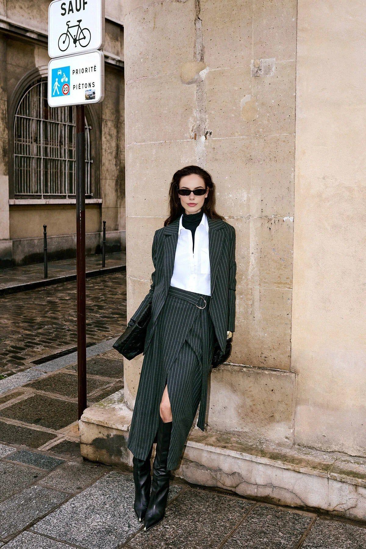 Pinstripe Wrap Midi Skirt by WOVCOR