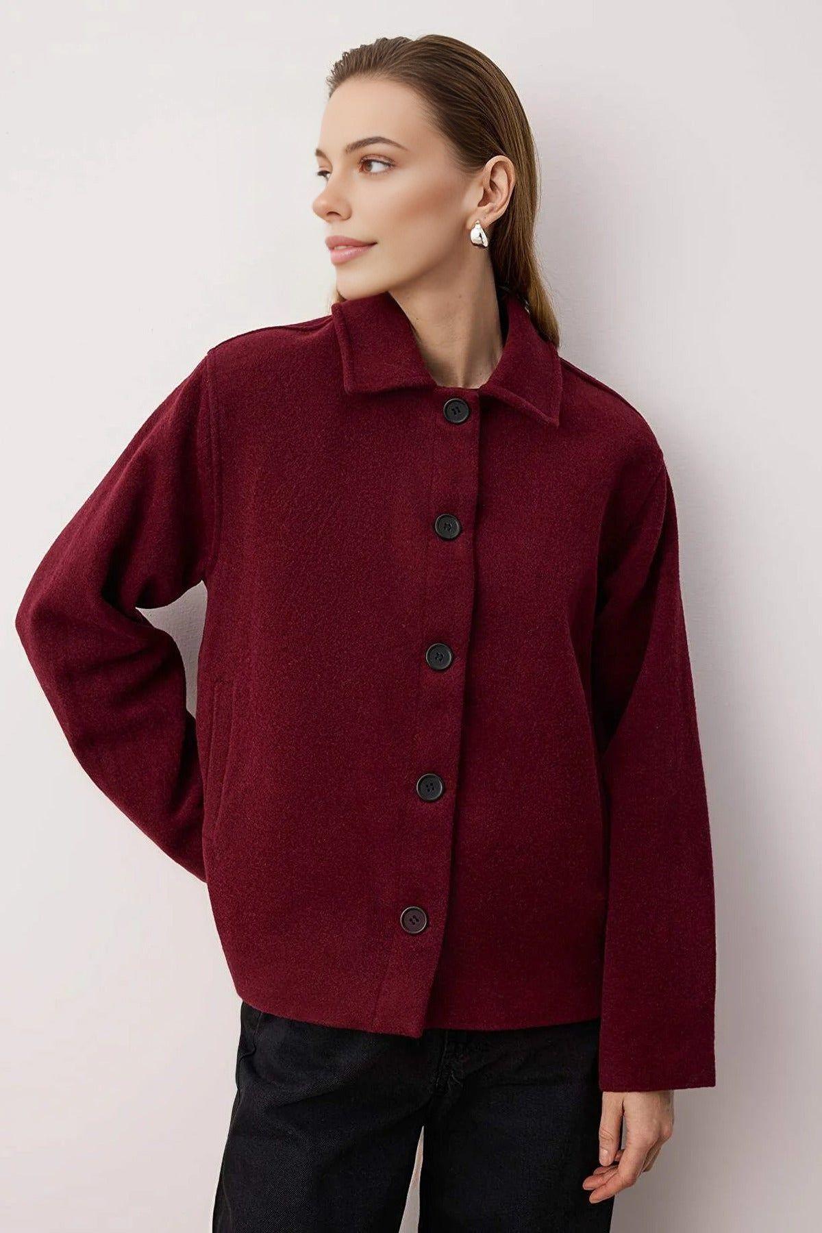 Plain Button Up Collared Wool Blend Cropped Coat by WOVCOR