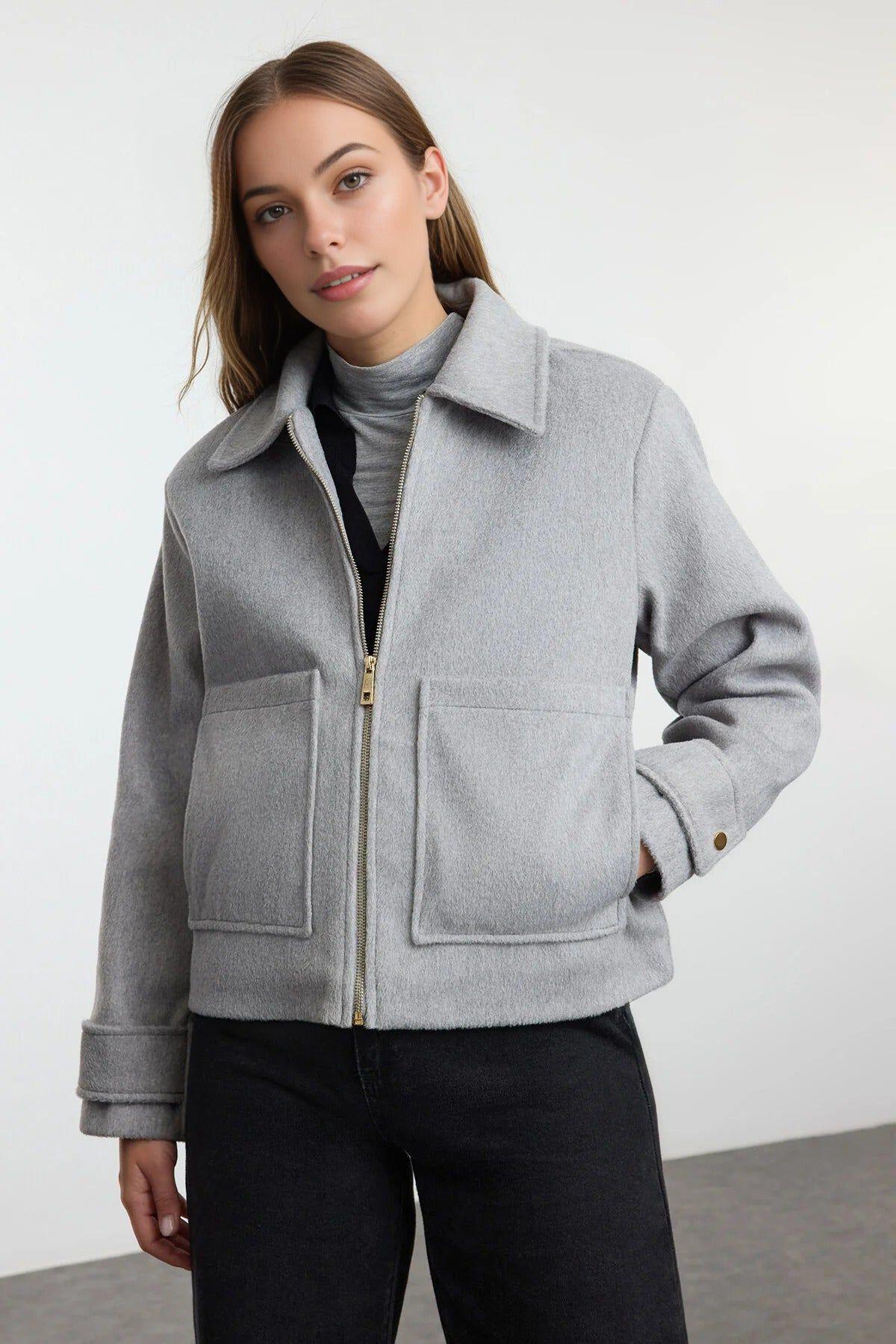 Plain Zip Through Collared Wool Look Casual Jacket by WOVCOR