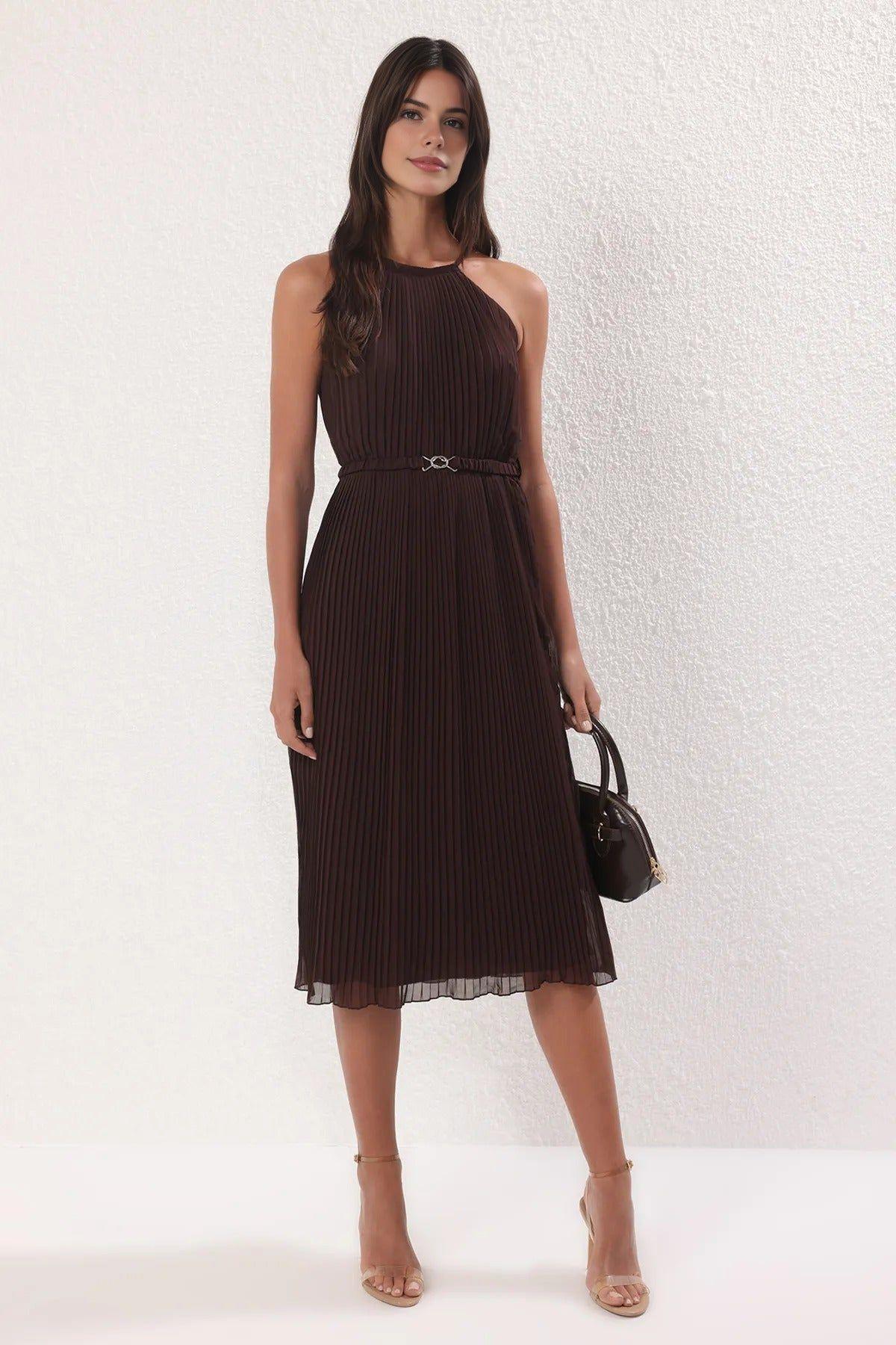 Pleated Chiffon Midi Dress with Belt Detail by WOVCOR