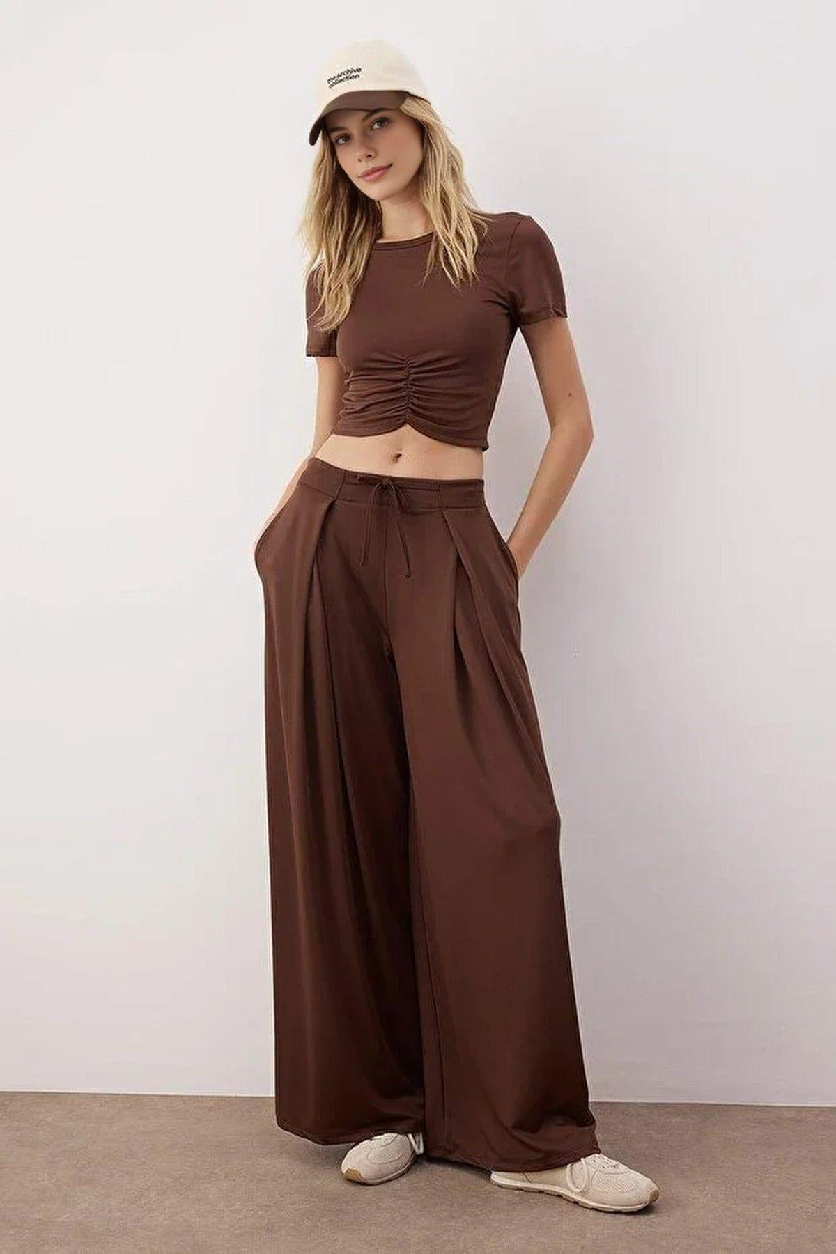 Pleated Drawstring Wide Leg Scuba Joggers by WOVCOR