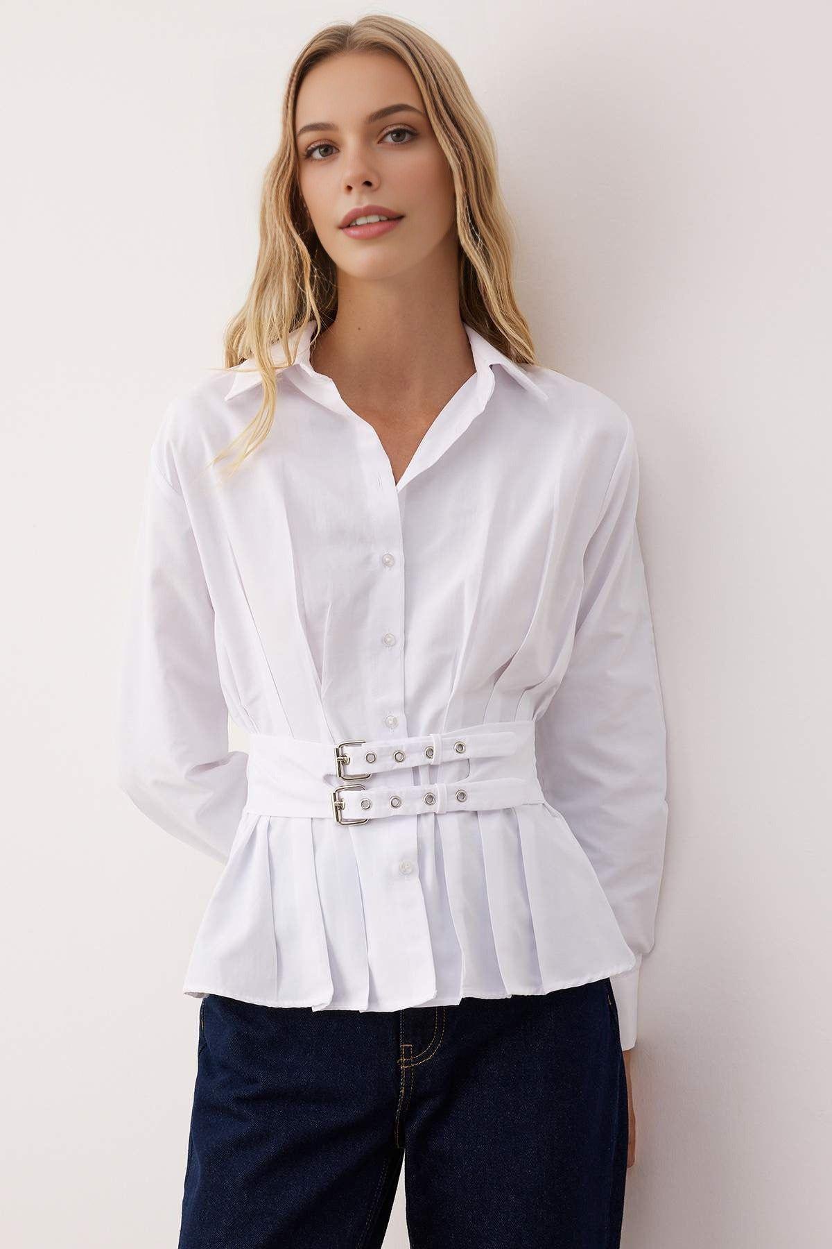 Pleated Fitted Shirt with Belt Detail by WOVCOR