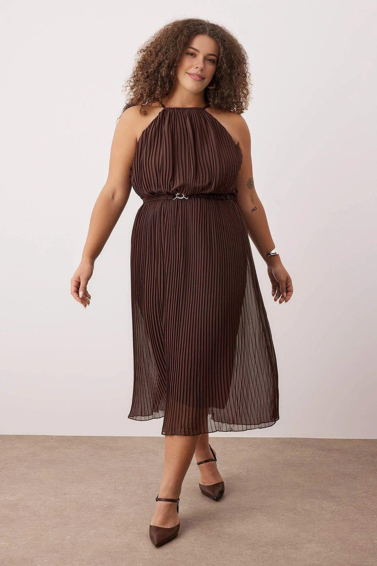 Pleated Halter Neck Midi Dress with Waist Detail by WOVCOR