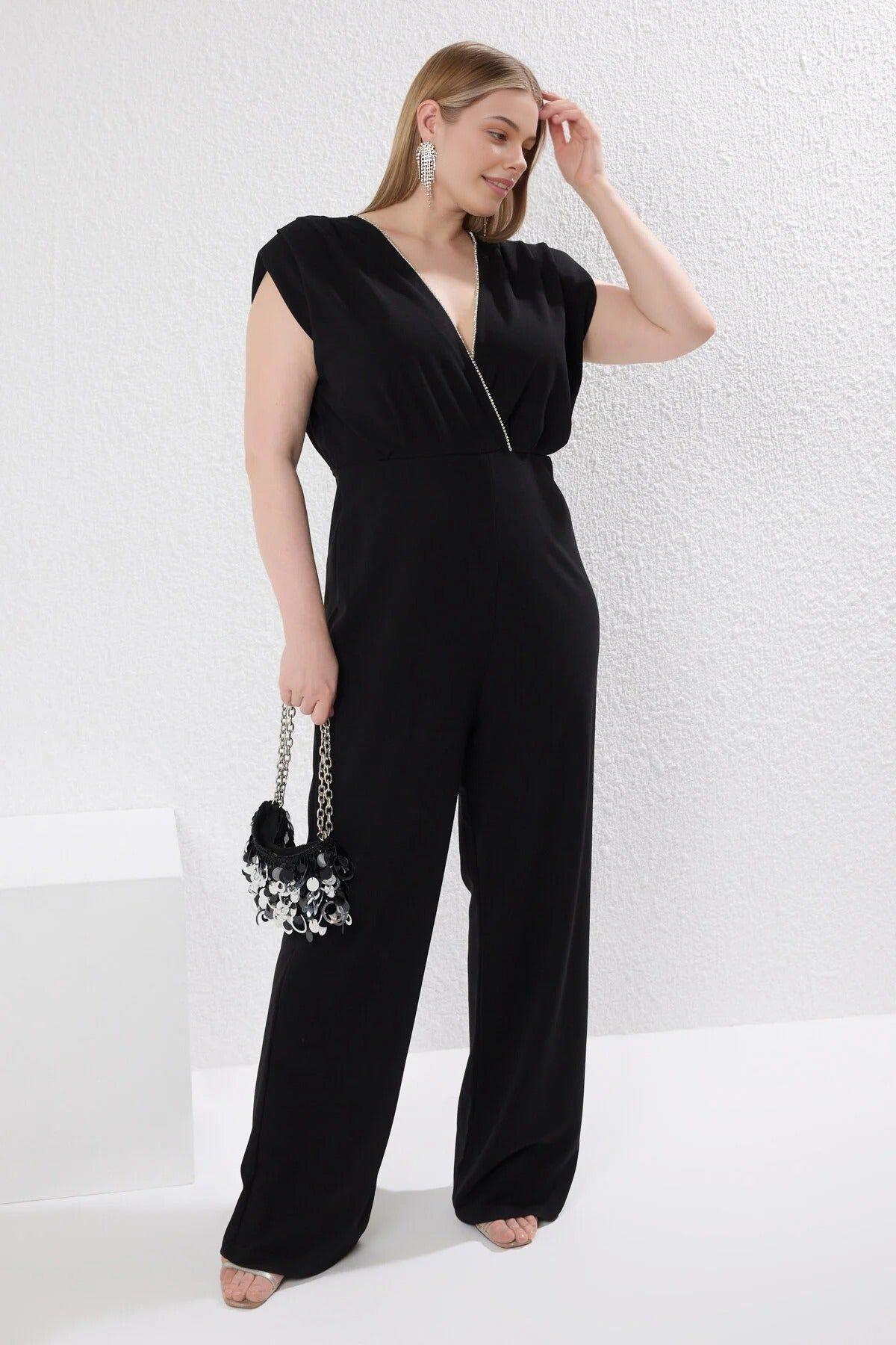 Plunge Neck Wide Leg Jumpsuit with Draped Sleeve Detail by WOVCOR