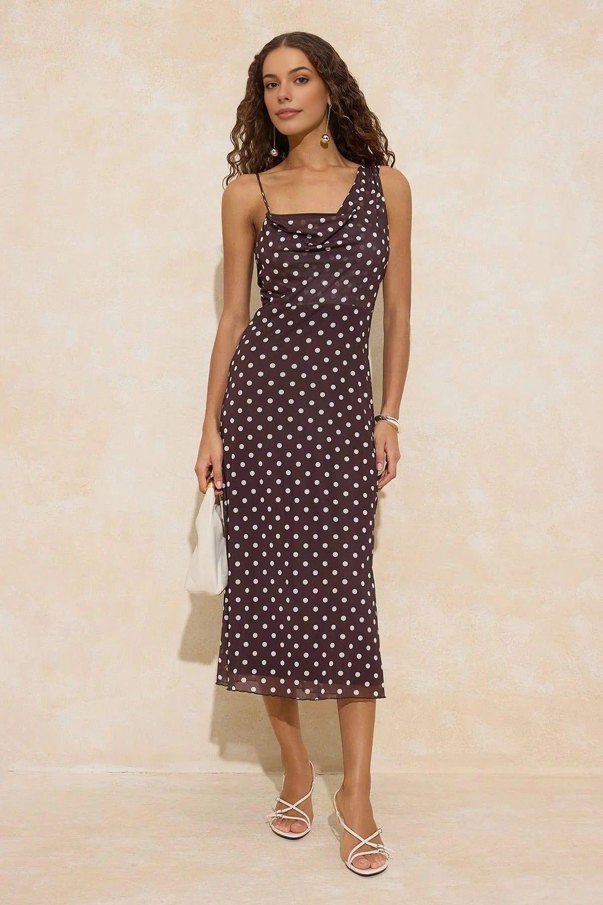 Polka Dot Cowl Neck Strappy Fitted Midi Dress with Drape by WOVCOR