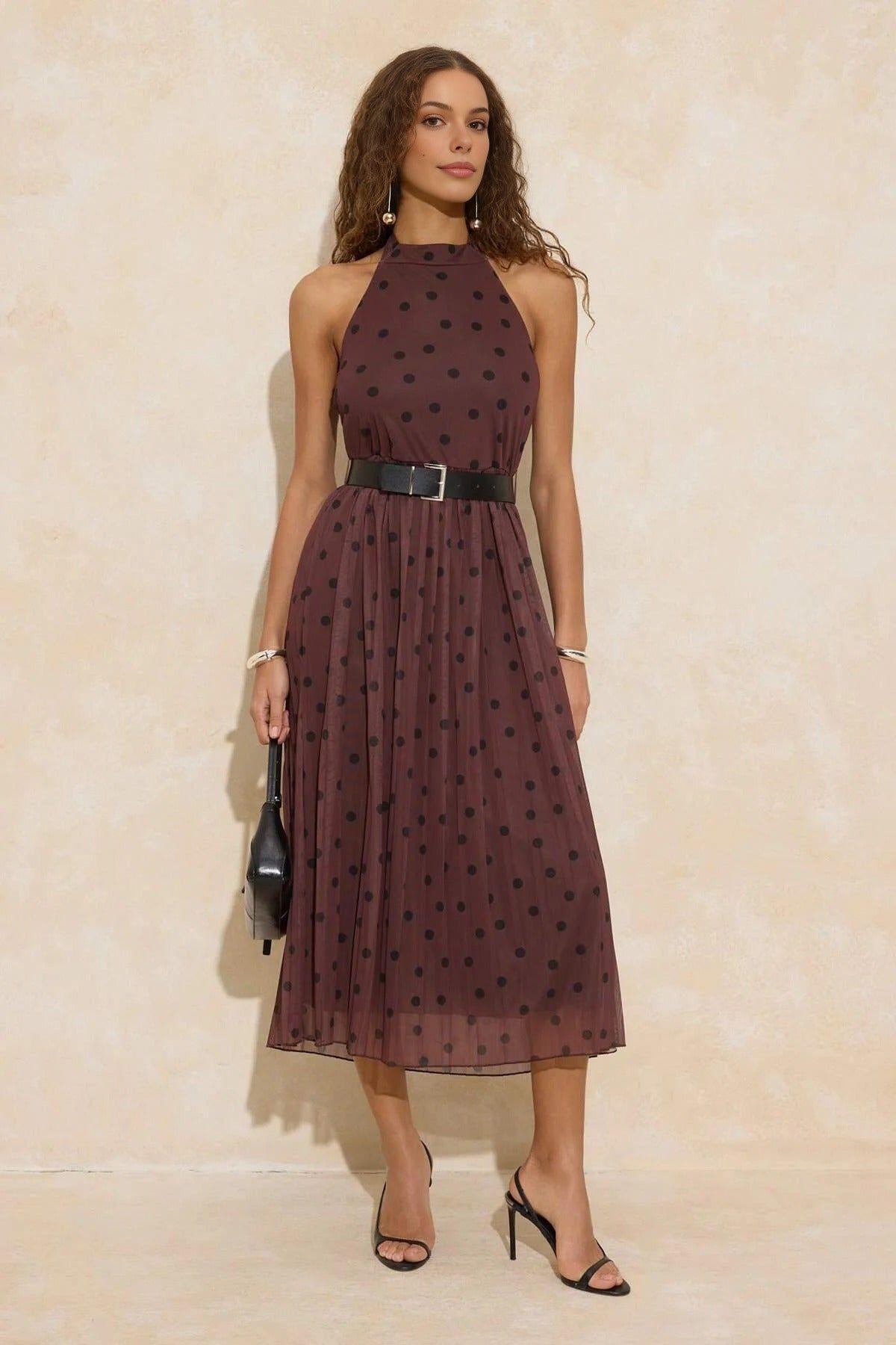 Polka Dot Halterneck Pleated Midi Dress by WOVCOR