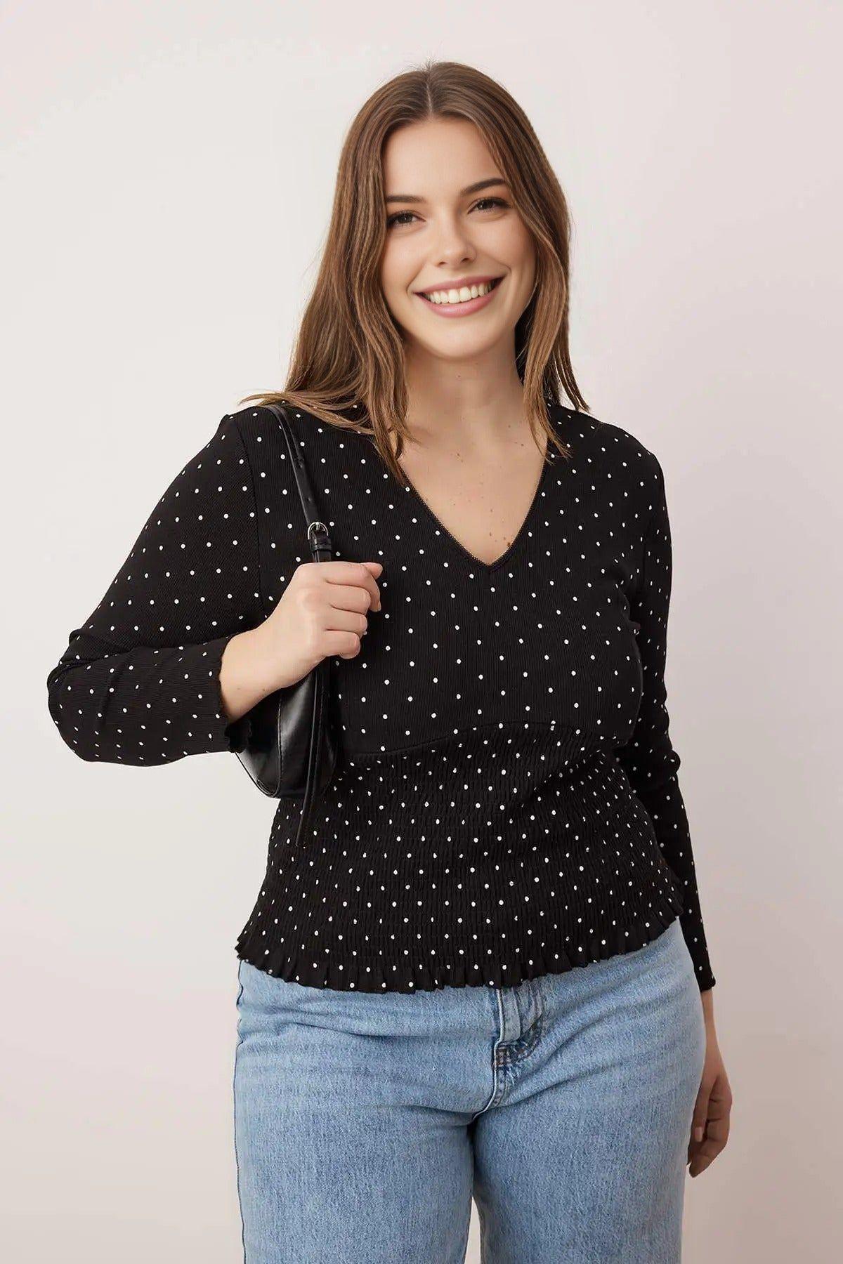 Polka Dot Shirred Waist V Neck Long Sleeve Knitted Top by WOVCOR