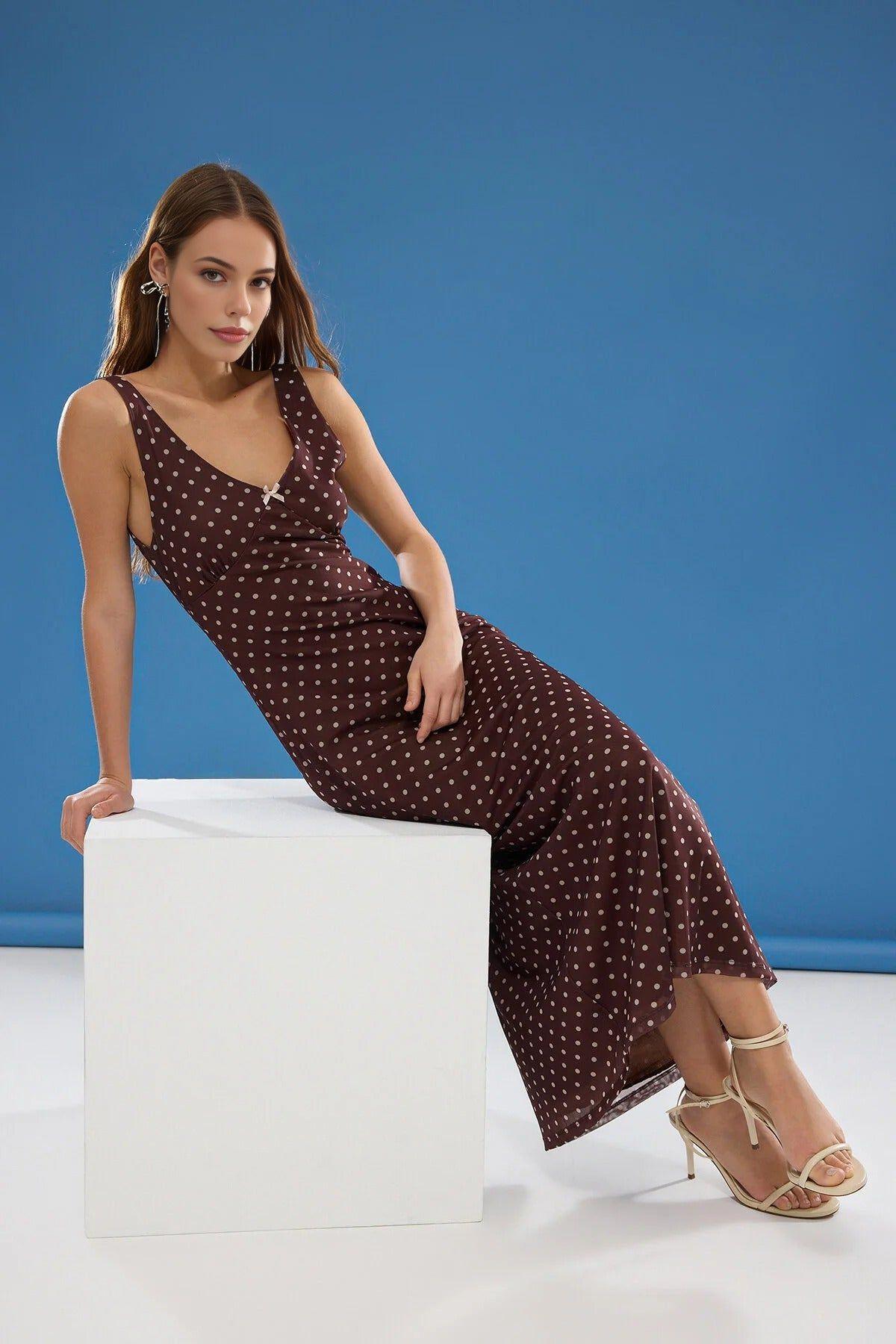 Polka Dot V-Neck Sleeveless Midi Dress with Side Split by WOVCOR