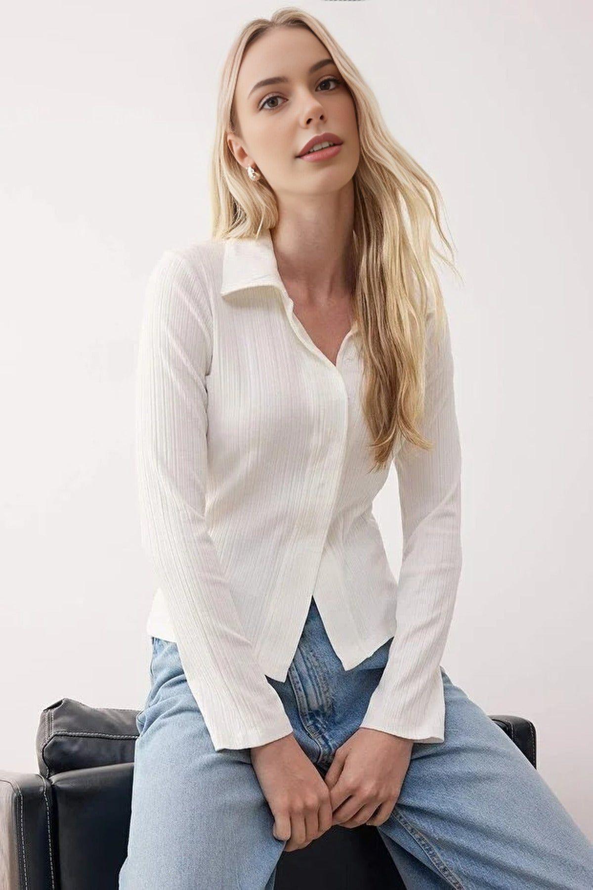 Polo Collar Button Front Stretch Knit Blouse by WOVCOR Polo Collar Button Front Stretch Knit Blouse by WOVCOR