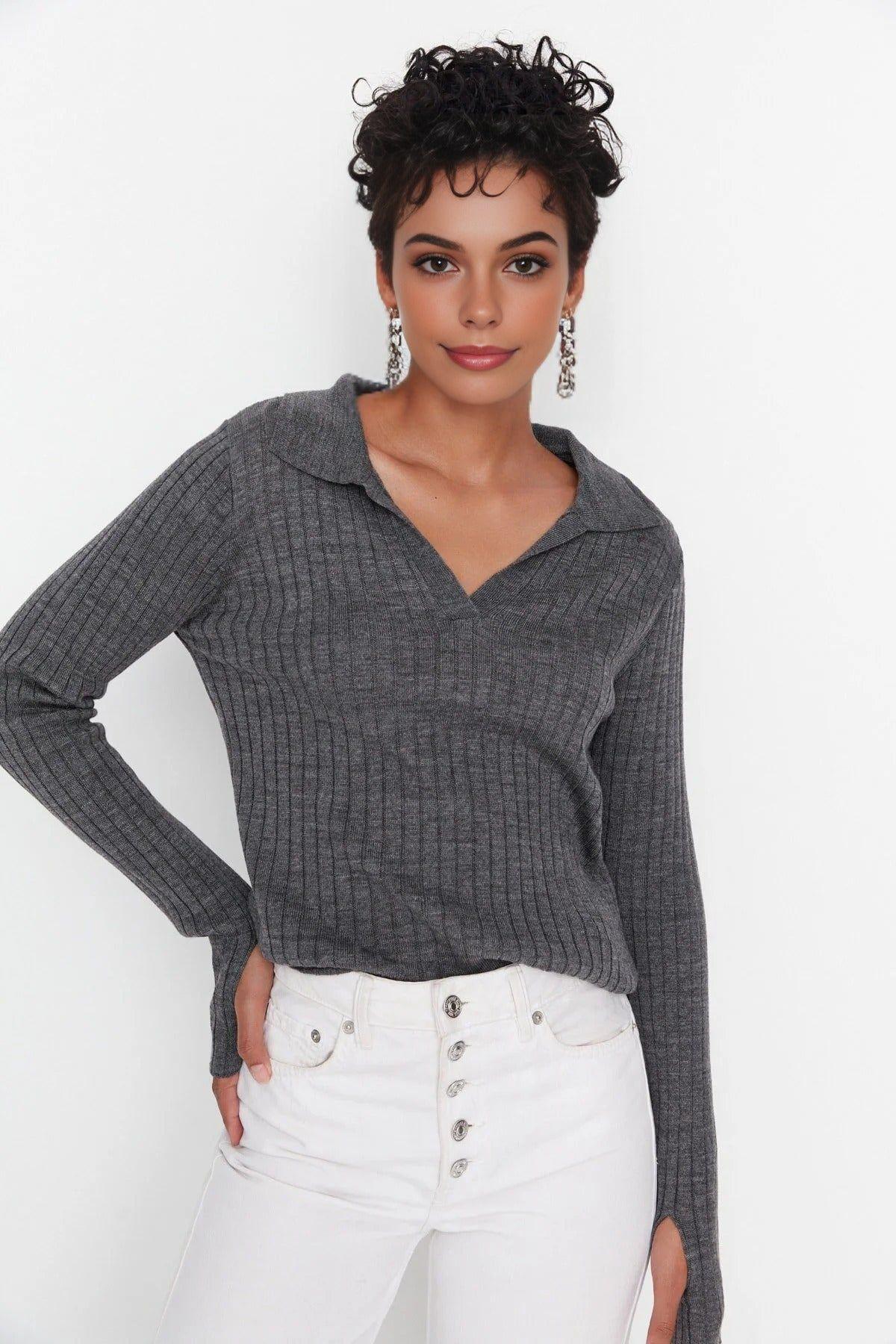 Polo Neck Knit Sweater with Finger Detail by WOVCOR