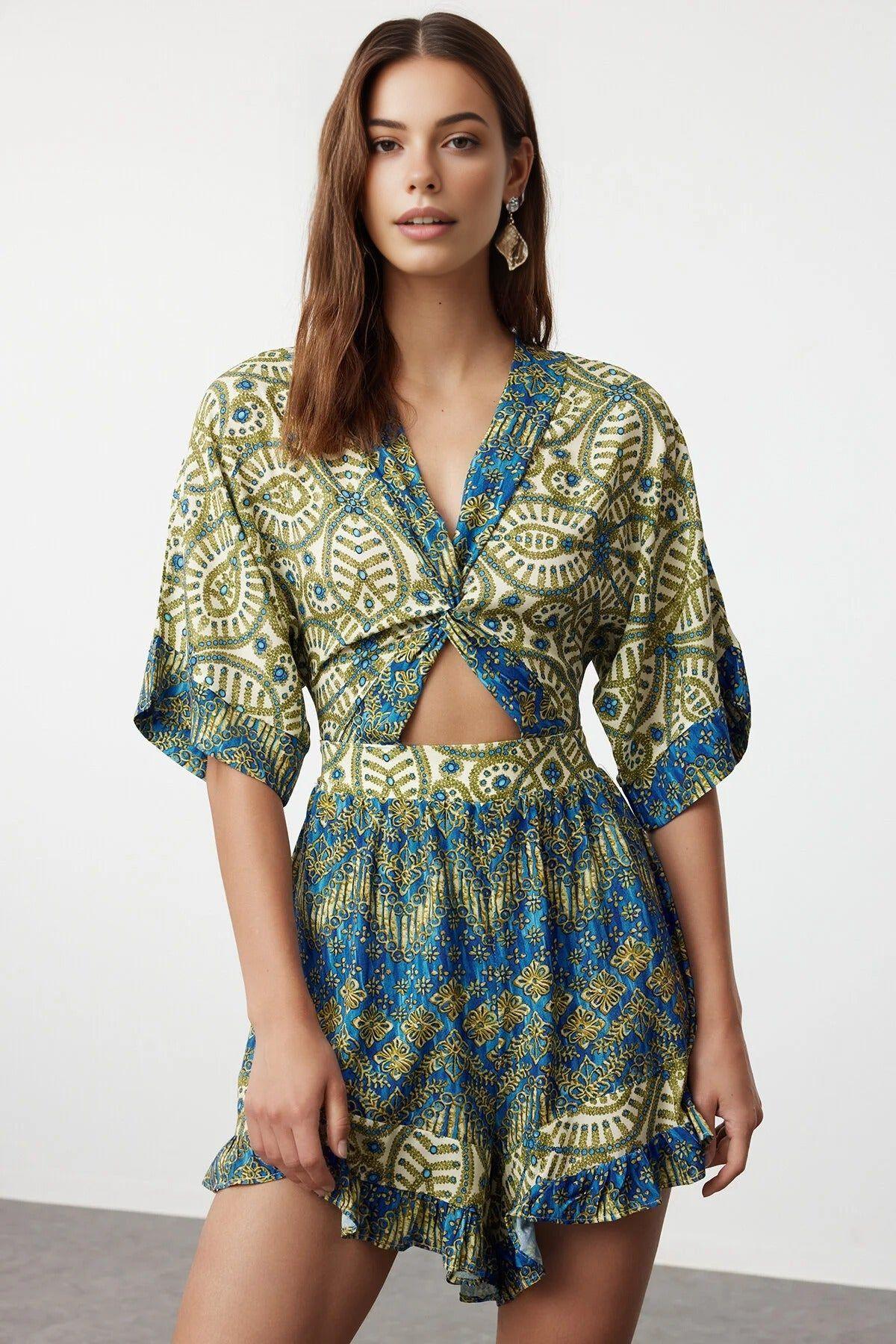Printed Cut Out Frill Detail Playsuit by WOVCOR