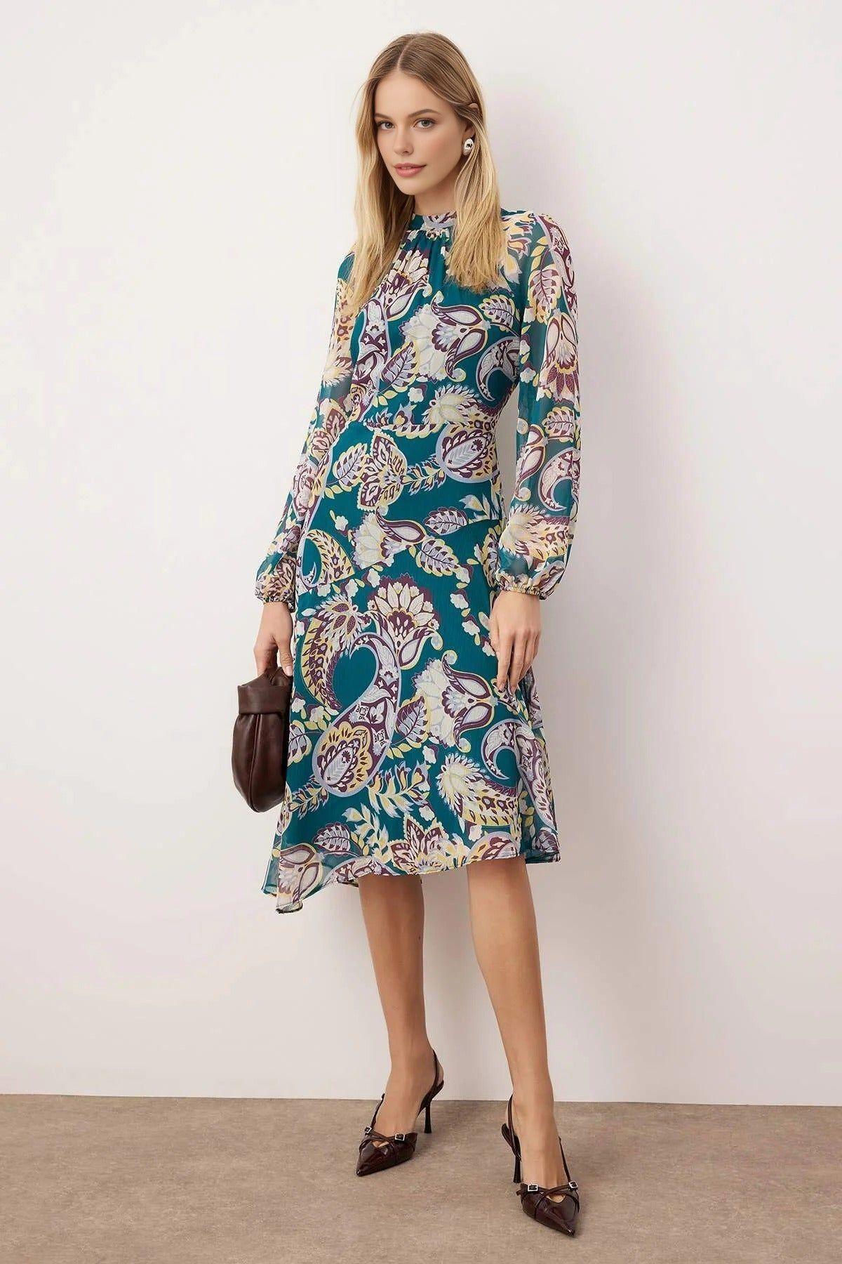 Printed Lined Chiffon Midi Woven Dress by WOVCOR