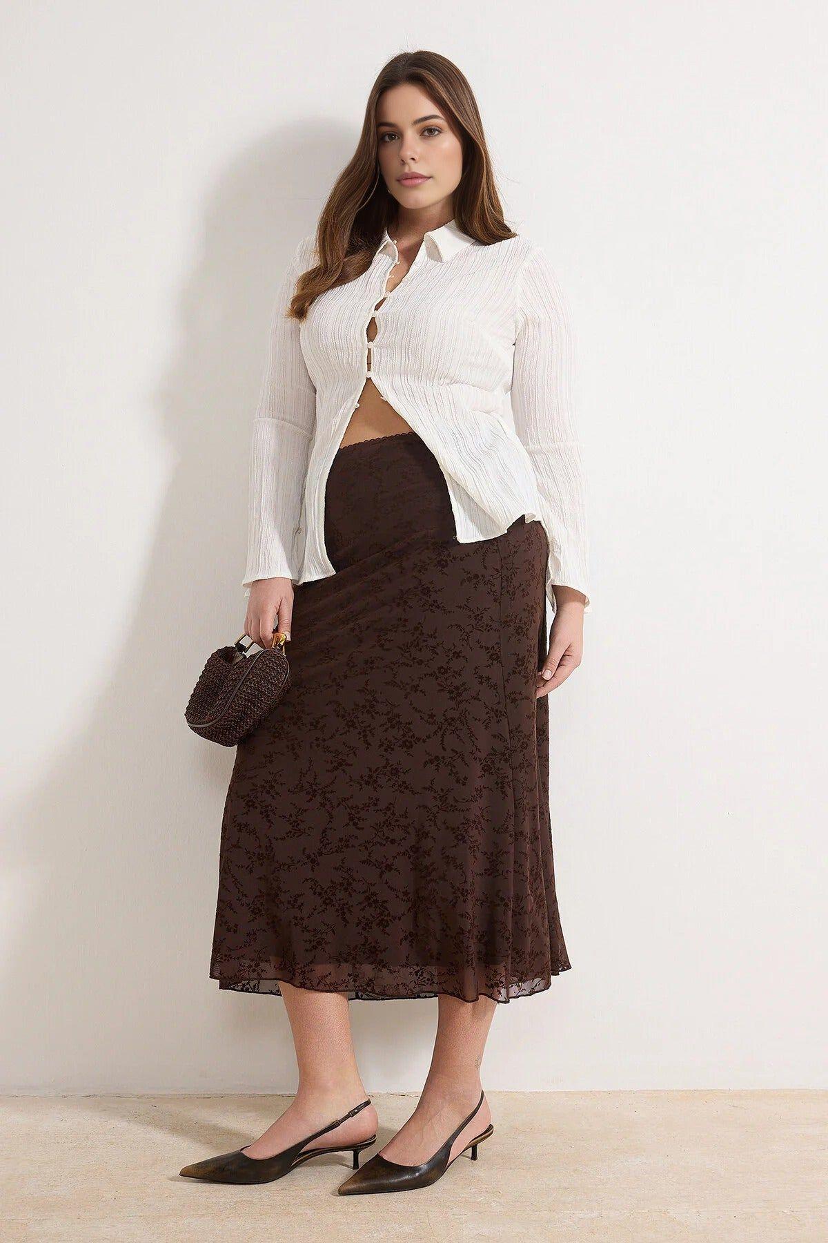 Printed Mesh Midi Skirt with Flared Hem Detail by WOVCOR