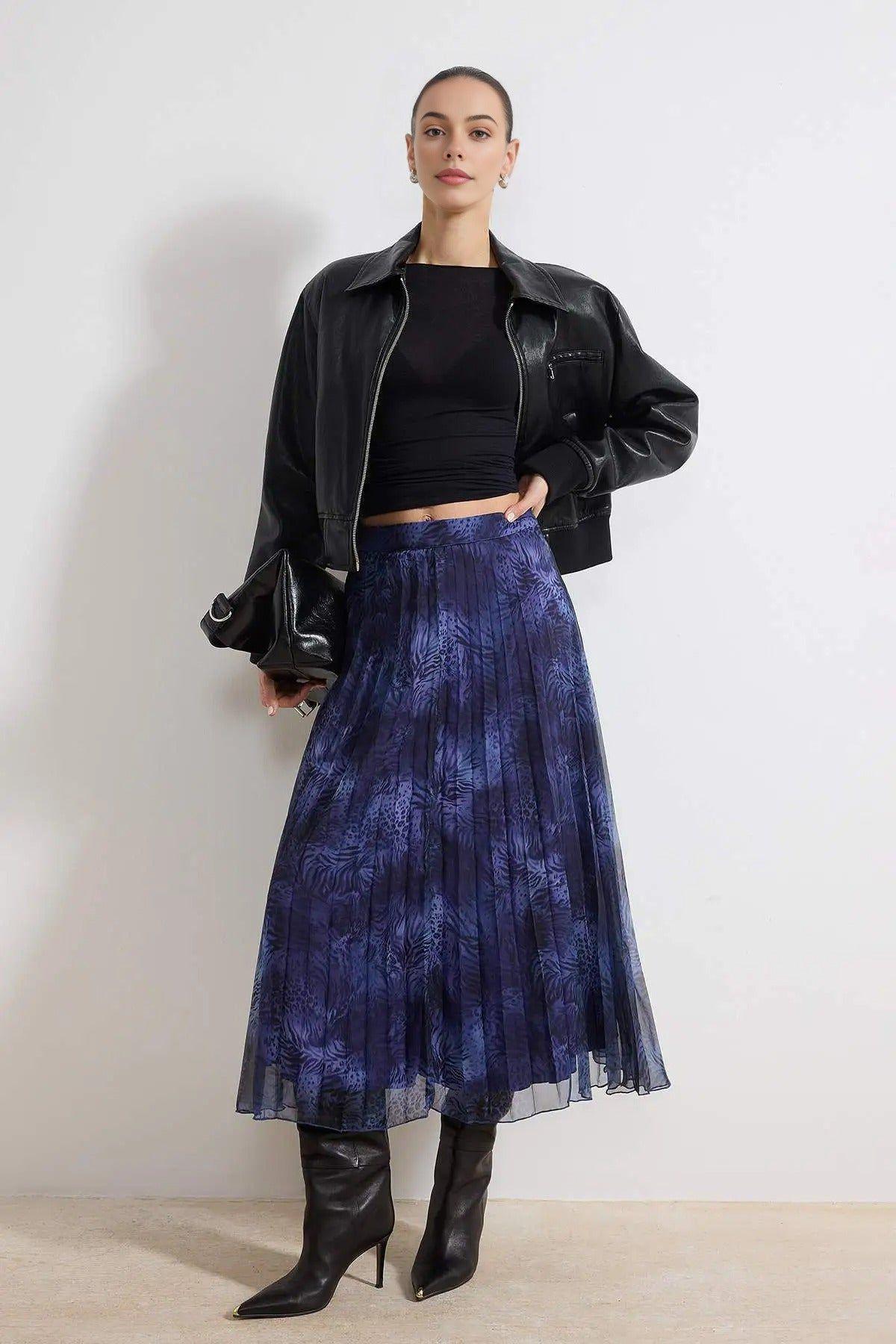Printed Pleated Mesh Midi Skirt by WOVCOR