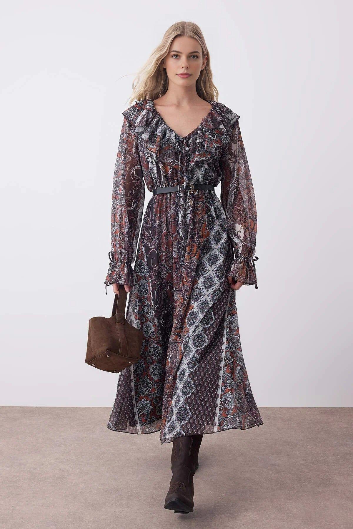Printed Ruffle Detail Midi Stretch Knit Dress by WOVCOR