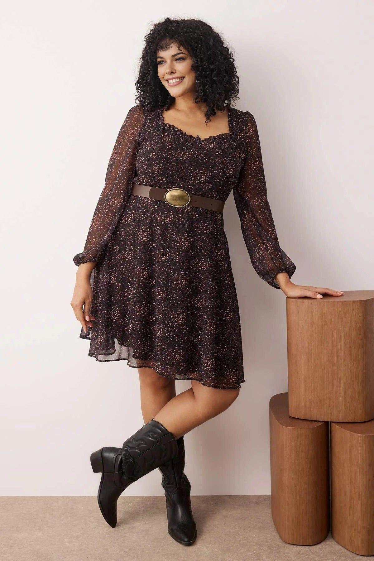 Printed Sweetheart Neck Long Sleeve Mini Dress with Belt by WOVCOR