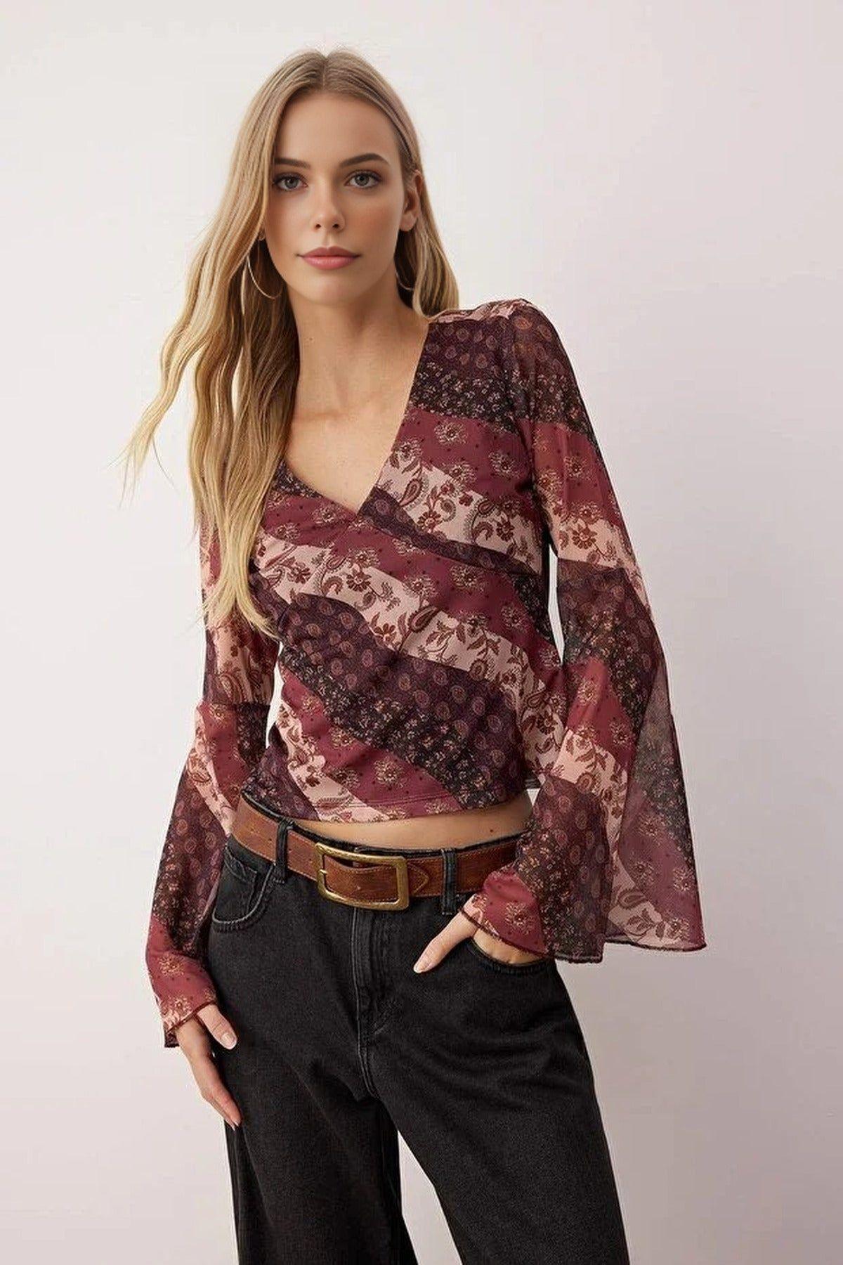 Printed V Neck Tulle Stretch Knit Blouse with Flared Sleeve Detail by WOVCOR Printed V Neck Tulle Stretch Knit Blouse with Flared Sleeve Detail by WOVCOR