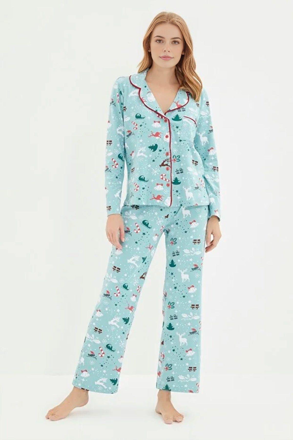 Reindeer Print Collared Long Sleeve Top & Lounge Pyjama Set by WOVCOR