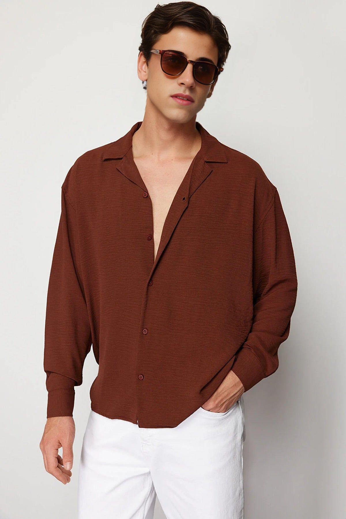 Relaxed Fit Textured Button-Up Shirt with Open Collar by WOVCOR