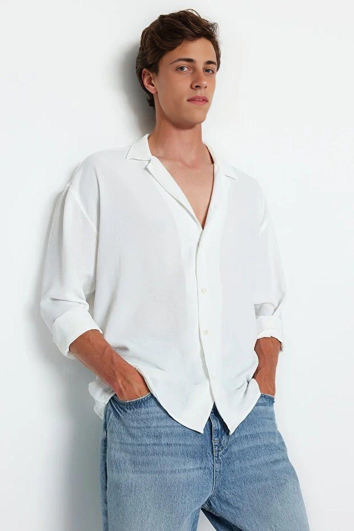 Relaxed Fit Textured Button-Up Shirt with Open Collar by WOVCOR