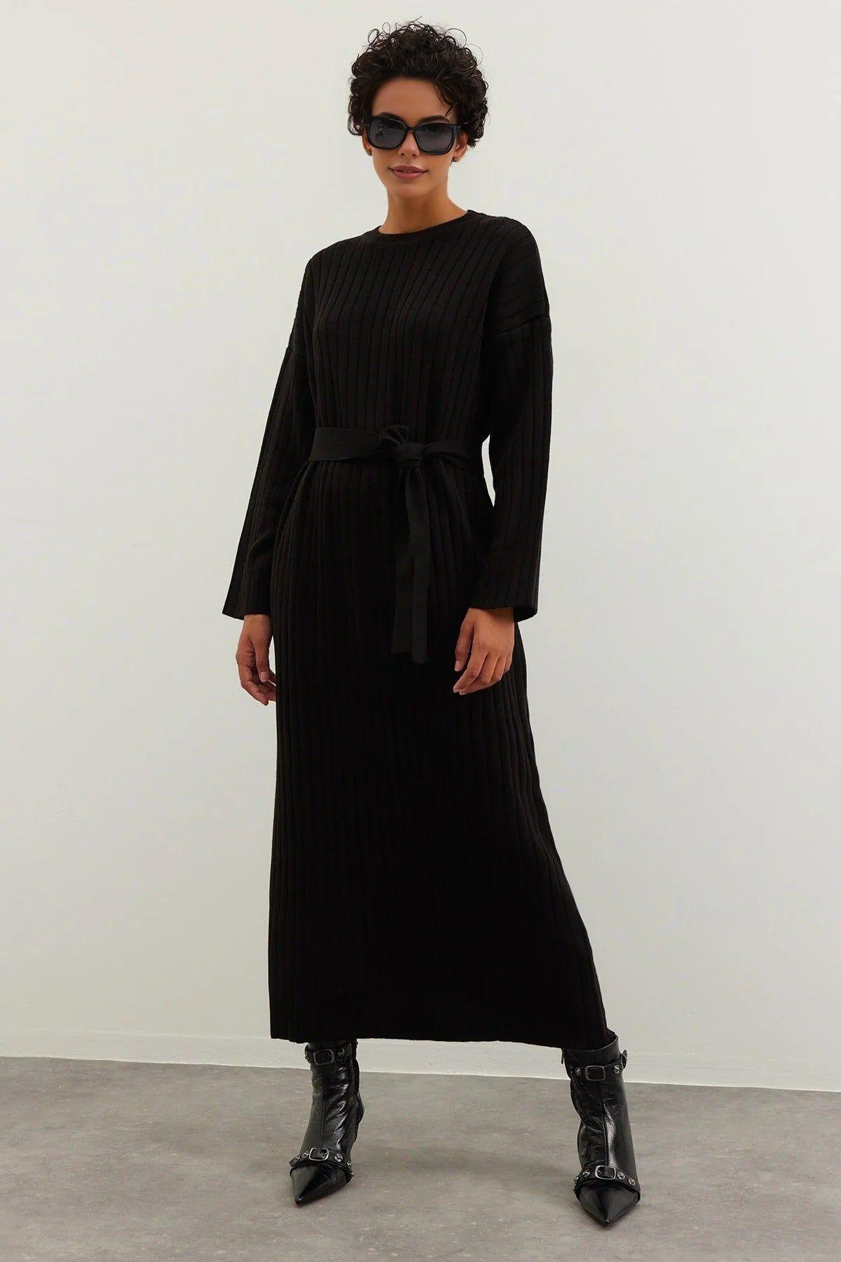 Ribbed Belted Long Sleeve Midi Knit Dress by WOVCOR