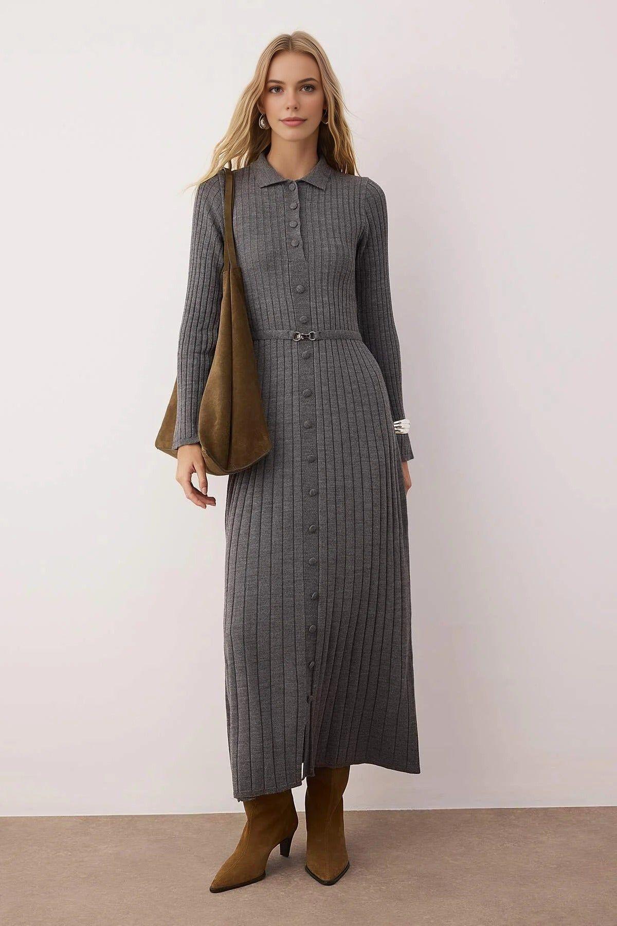 Ribbed Knit Button Front Midi Dress with Belt Detail by WOVCOR