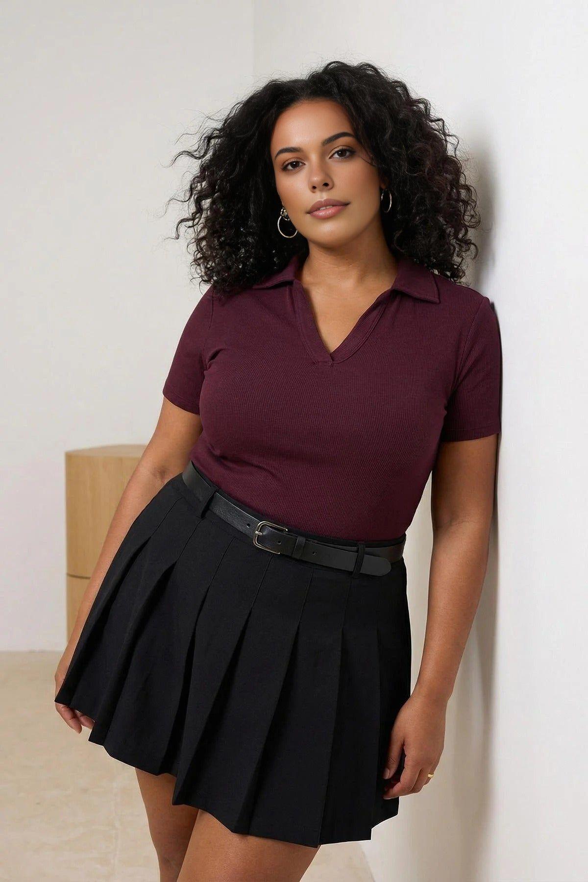 Ribbed Polo Collar Short Sleeve Fitted Top by WOVCOR